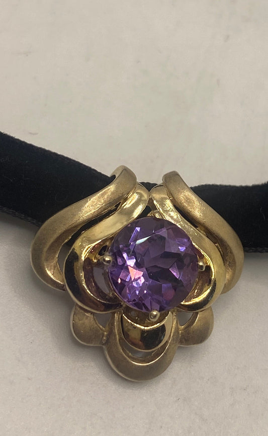 Vintage Choker Golden 925 Sterling Silver Purple Amethyst Pendant