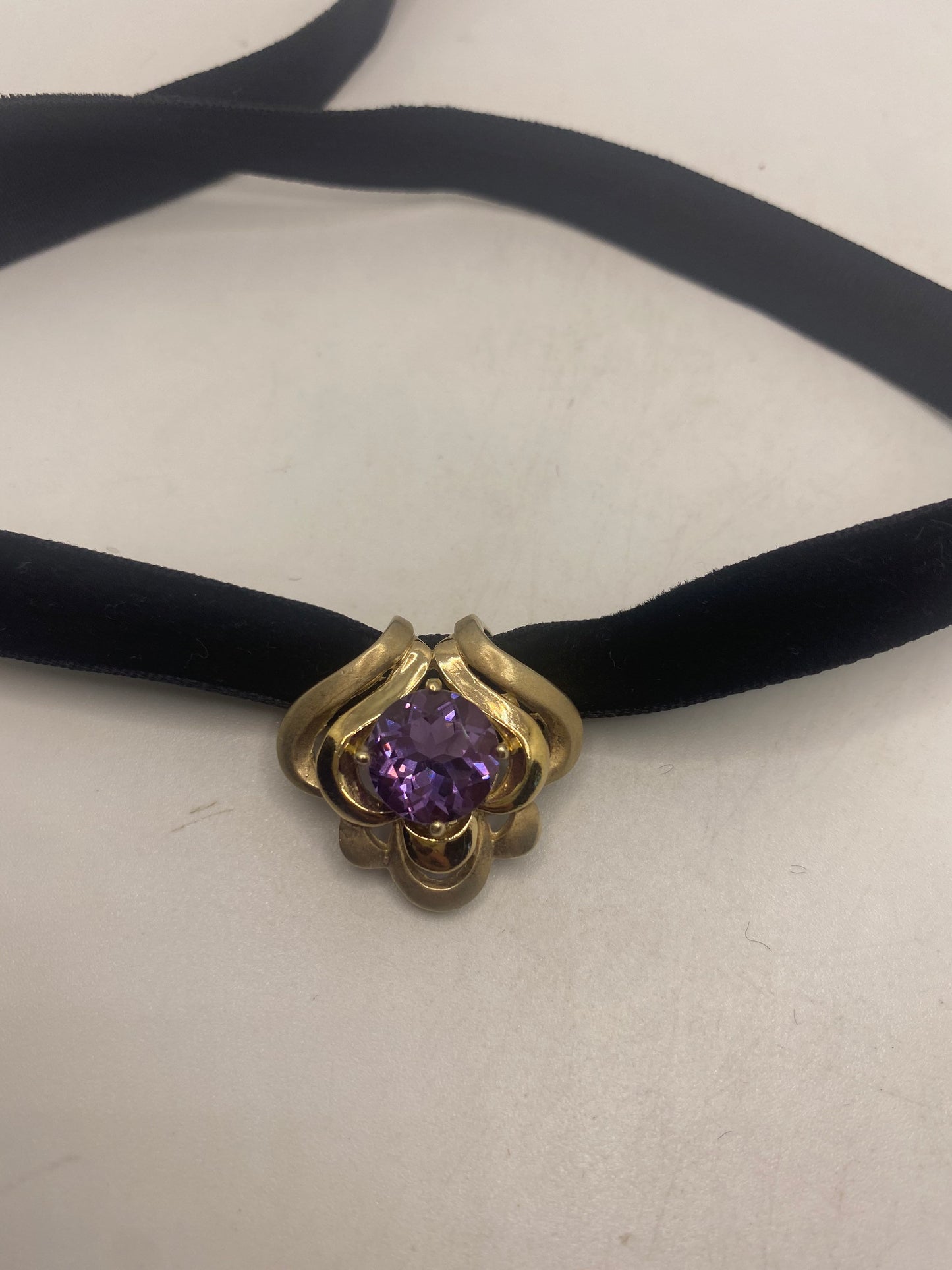 Vintage Choker Golden 925 Sterling Silver Purple Amethyst Pendant