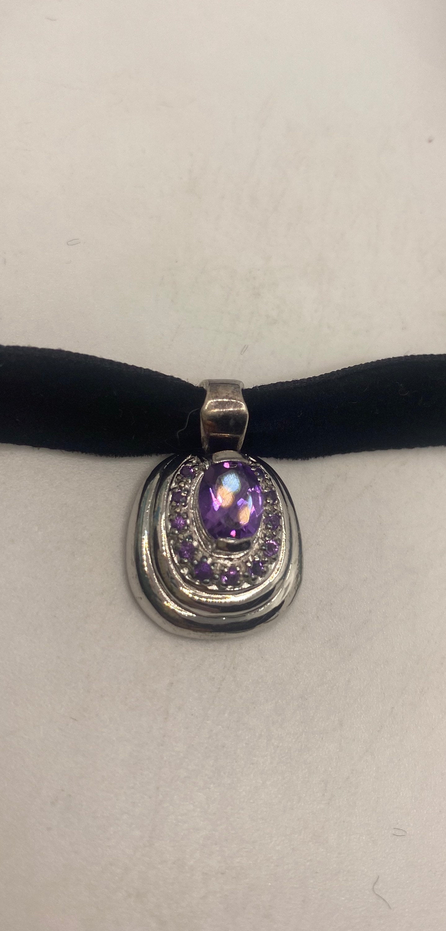 Vintage Choker 925 Sterling Silver Purple Amethyst Pendant