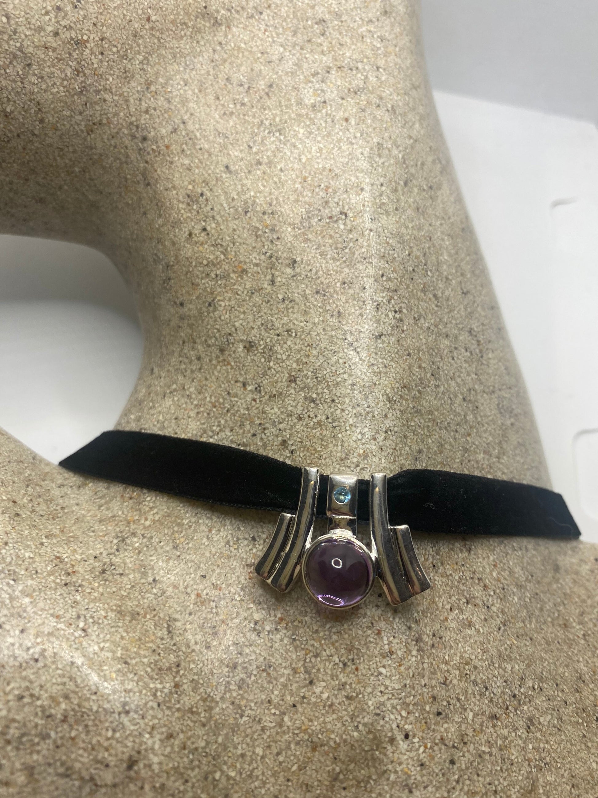 Vintage Choker 925 Sterling Silver Purple Amethyst Pendant