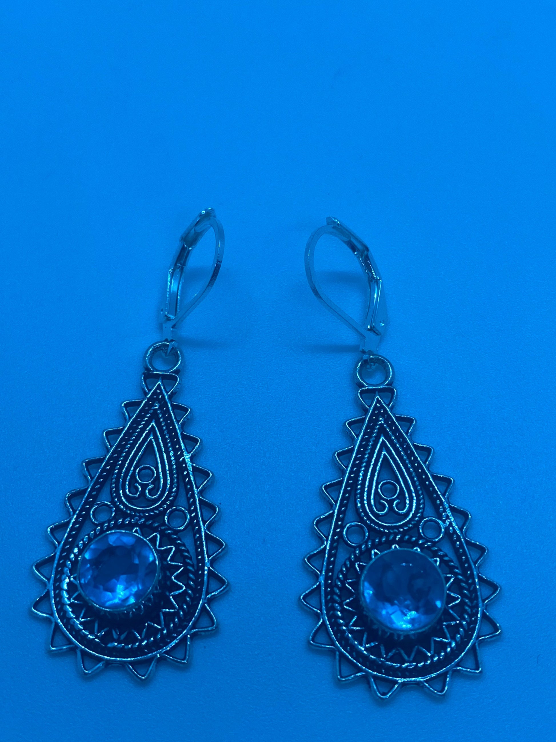 Vintage Blue Topaz Sterling Silver Lever Back Chandelier Earrings