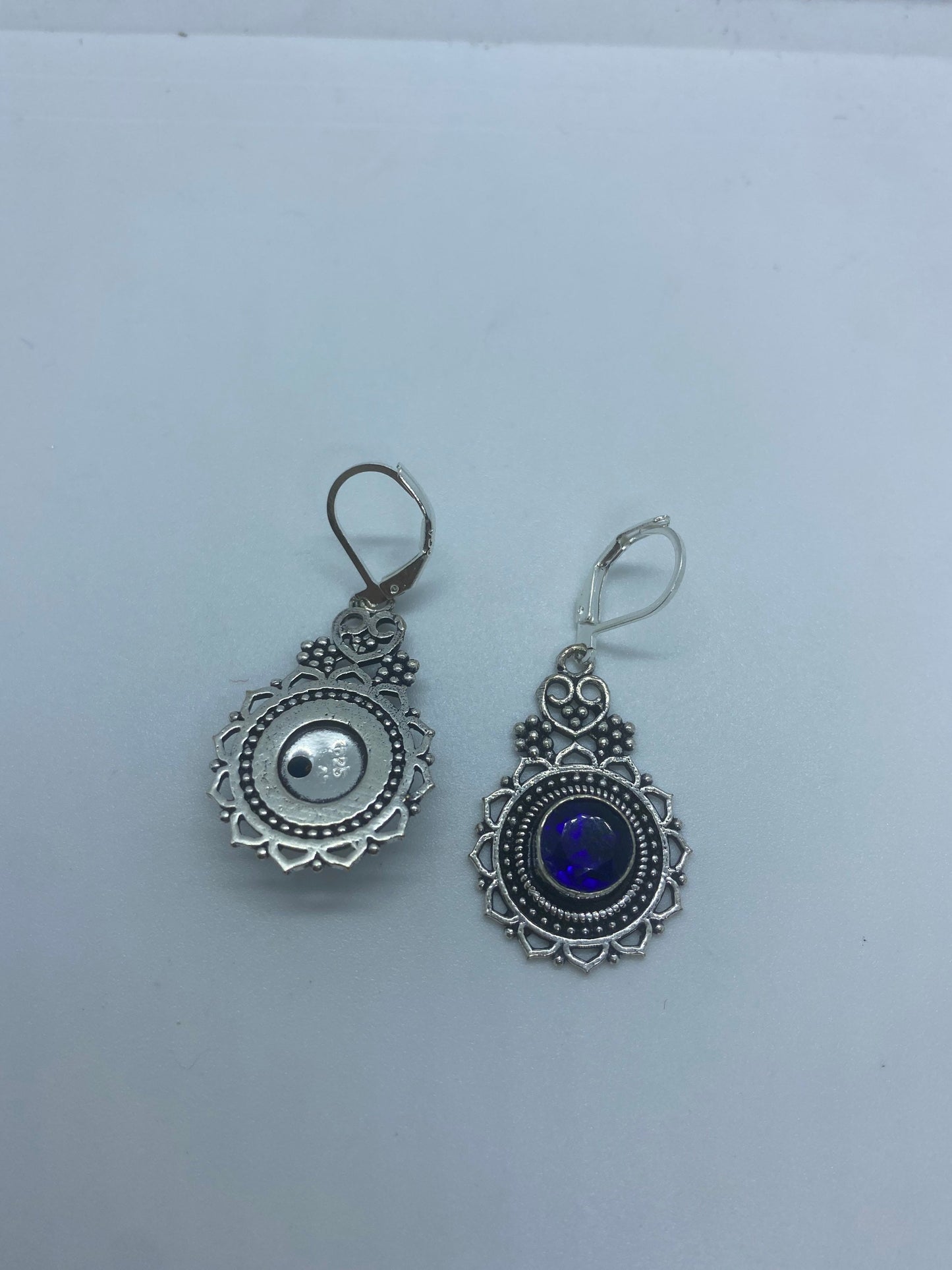 Antique Vintage Cobalt Blue Volcanic Glass Silver Dangle Earrings