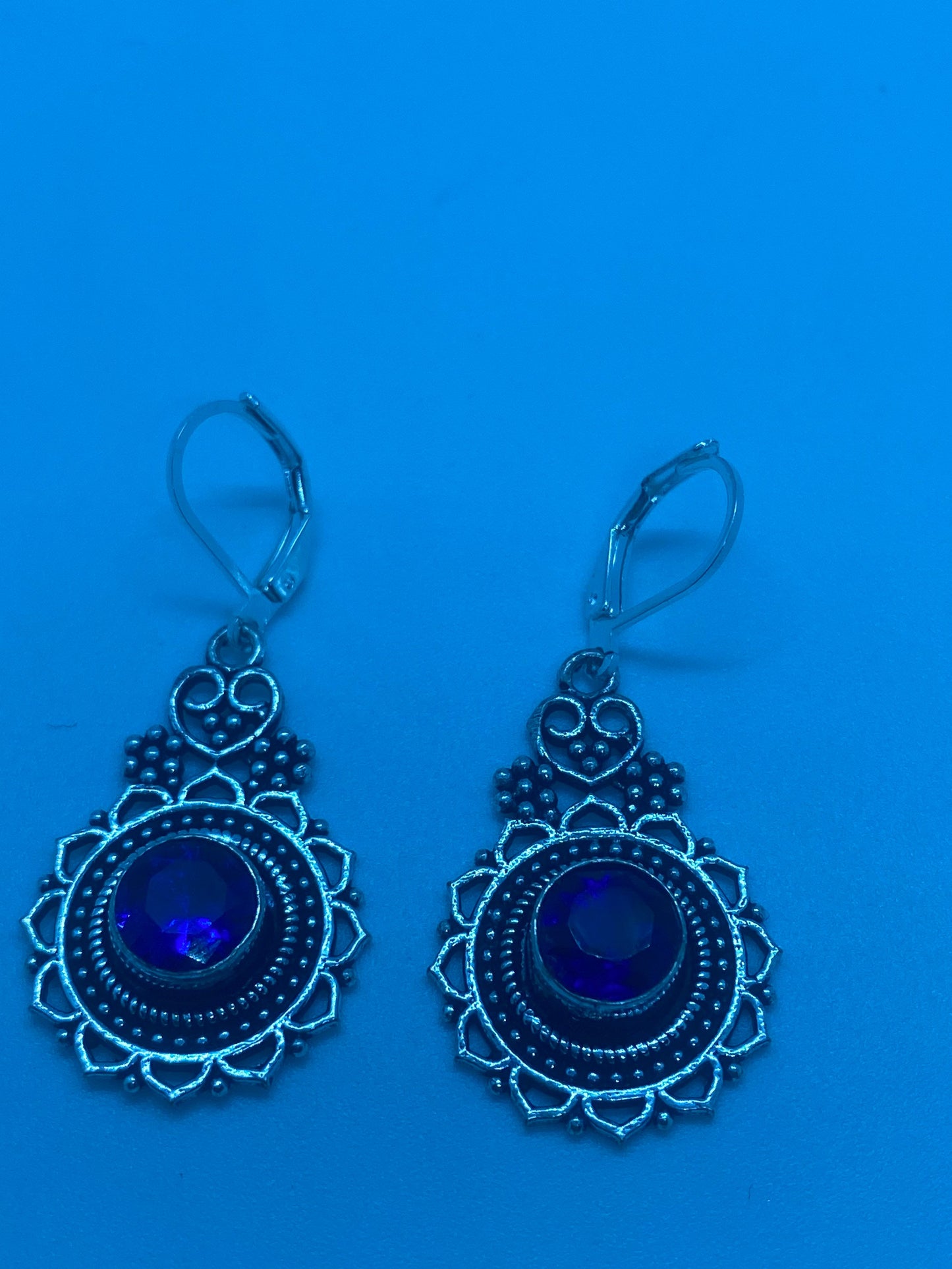 Antique Vintage Cobalt Blue Volcanic Glass Silver Dangle Earrings