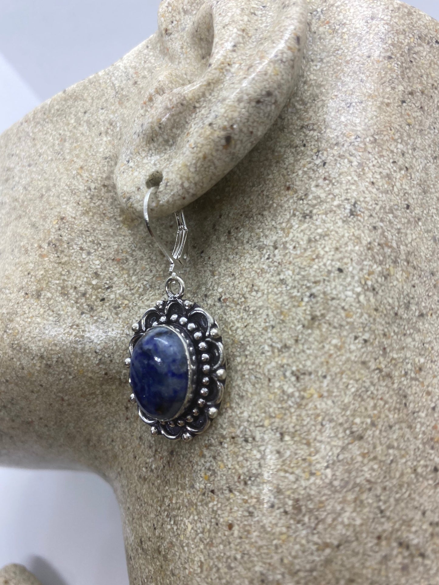 Vintage Blue Lapis Lazuli Earrings Silver Dangle