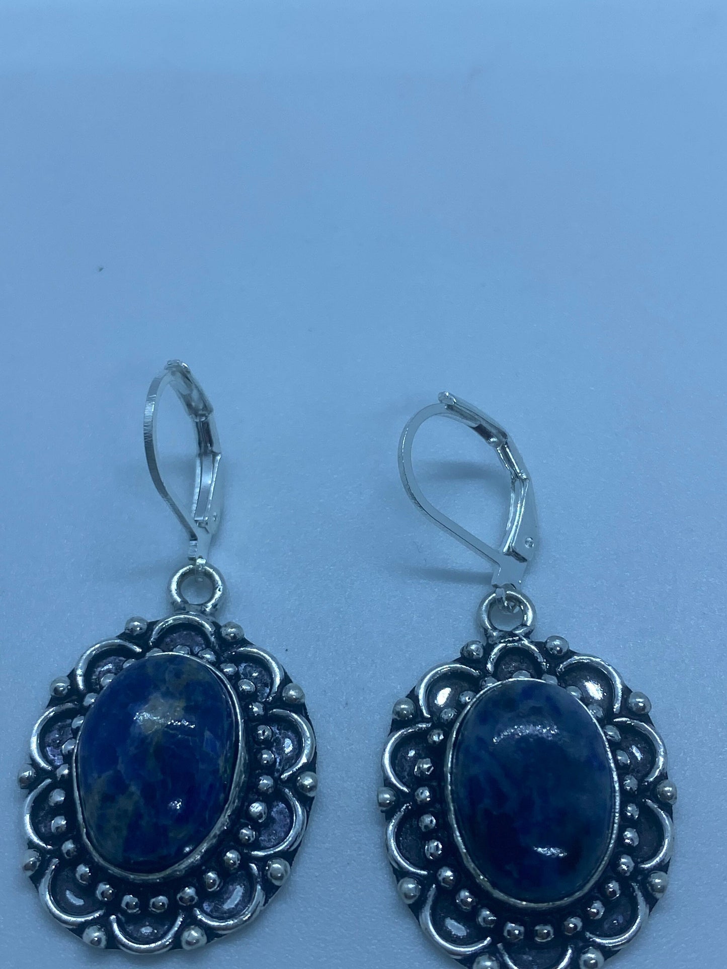 Vintage Blue Lapis Lazuli Earrings Silver Dangle