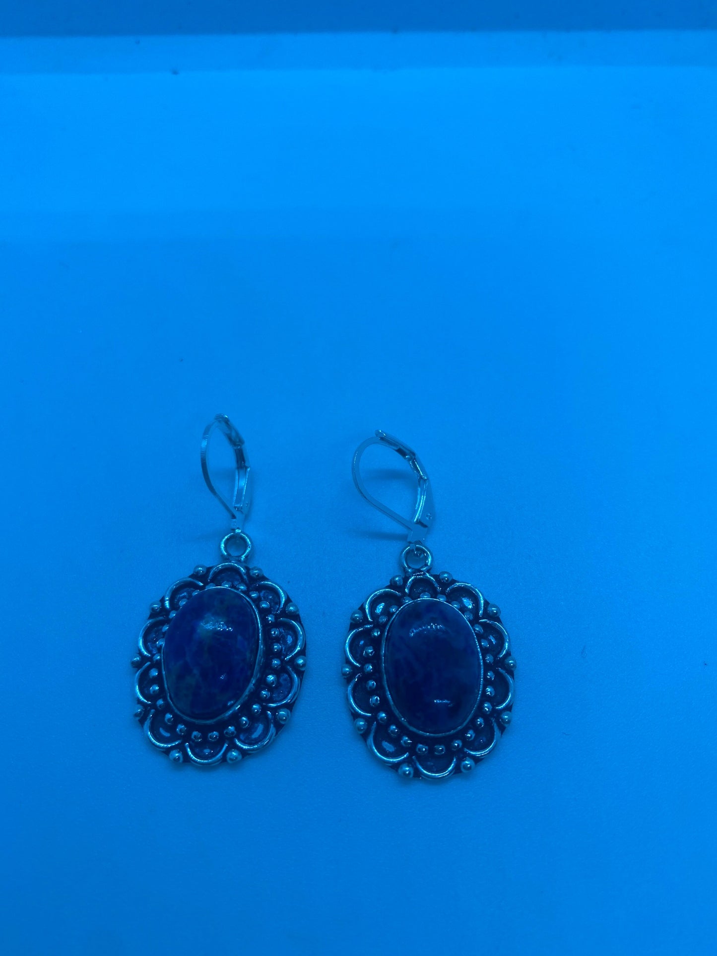 Vintage Blue Lapis Lazuli Earrings Silver Dangle