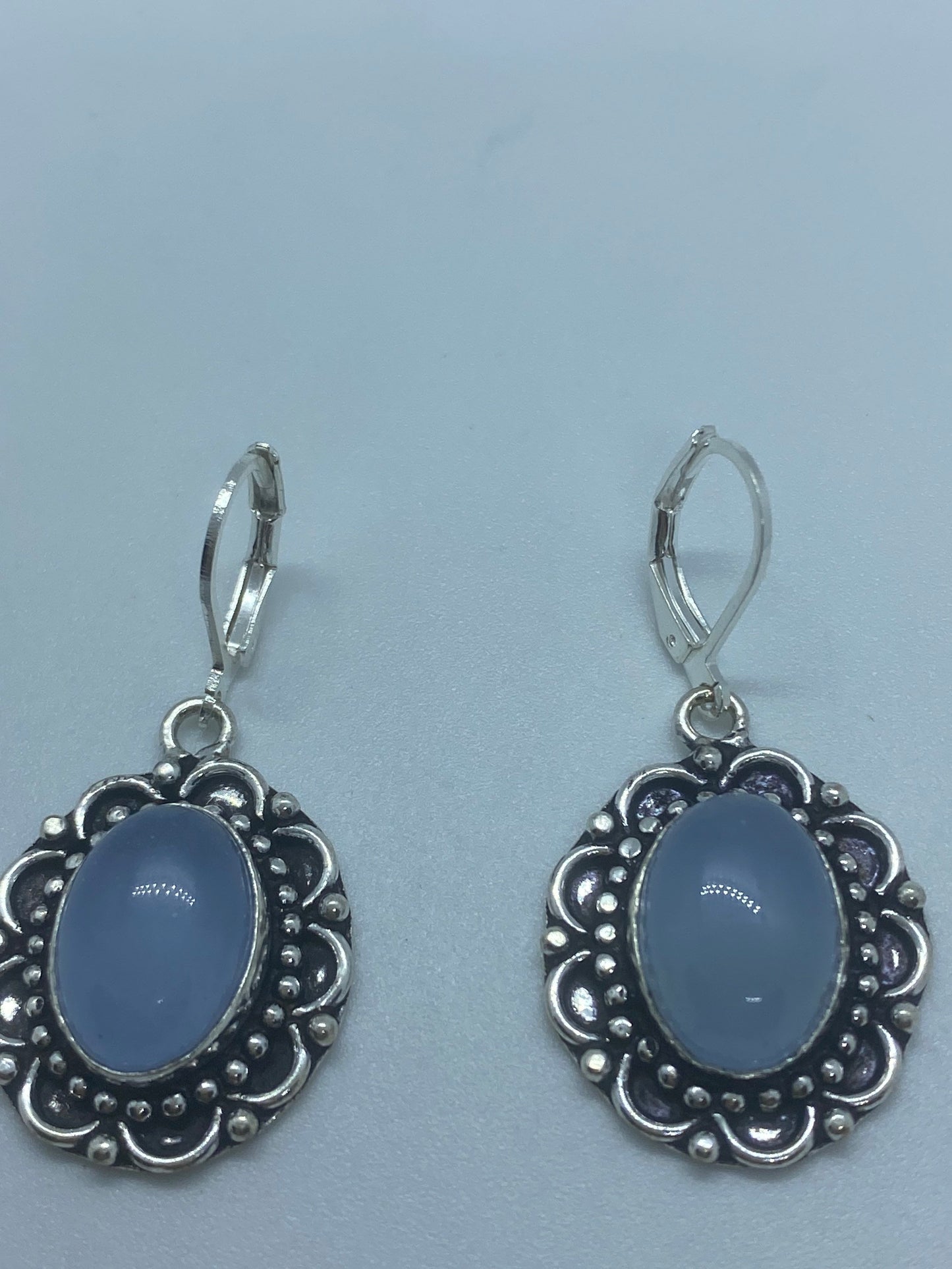 Vintage Blue Chalcedony Earrings Silver Dangle