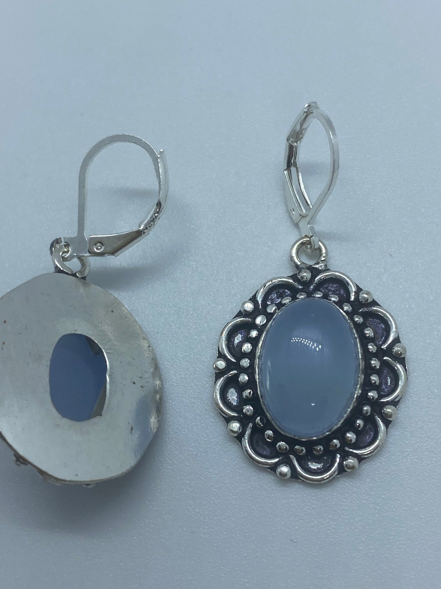 Vintage Blue Chalcedony Earrings Silver Dangle