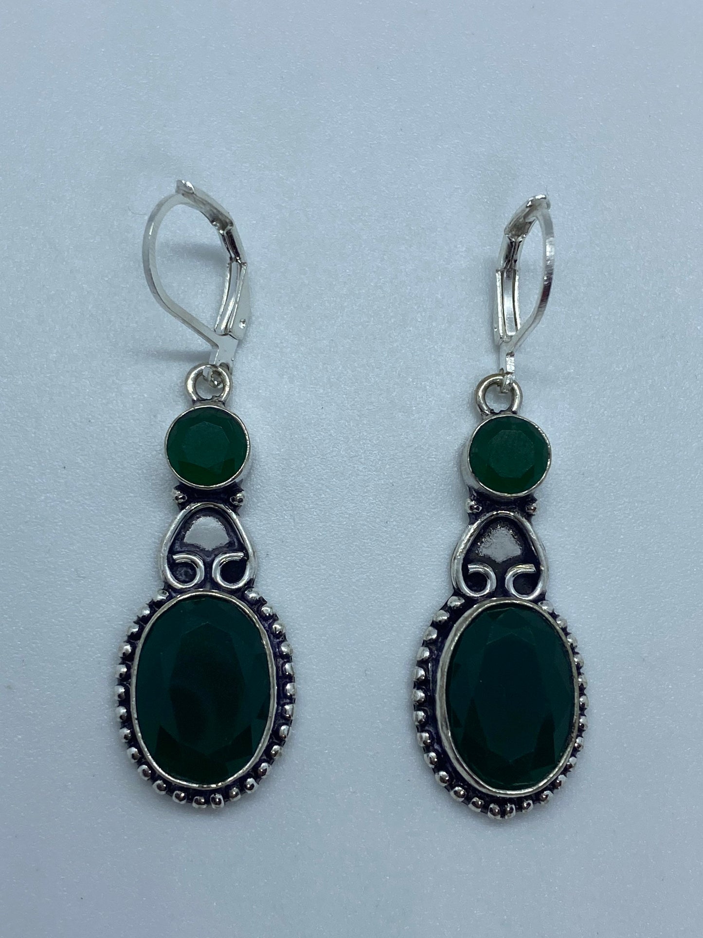 Antique Vintage Green Chrysoprase Silver Dangle Earrings