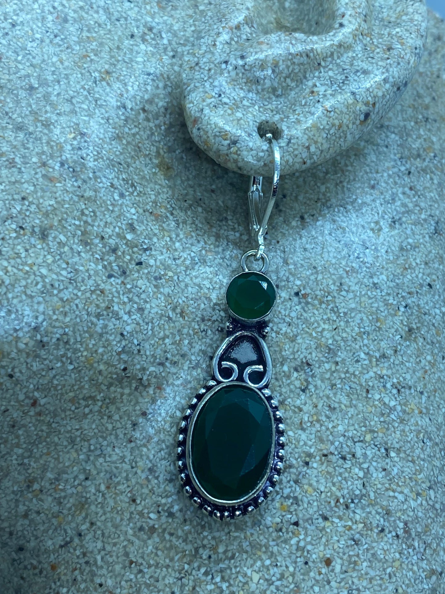 Antique Vintage Green Chrysoprase Silver Dangle Earrings