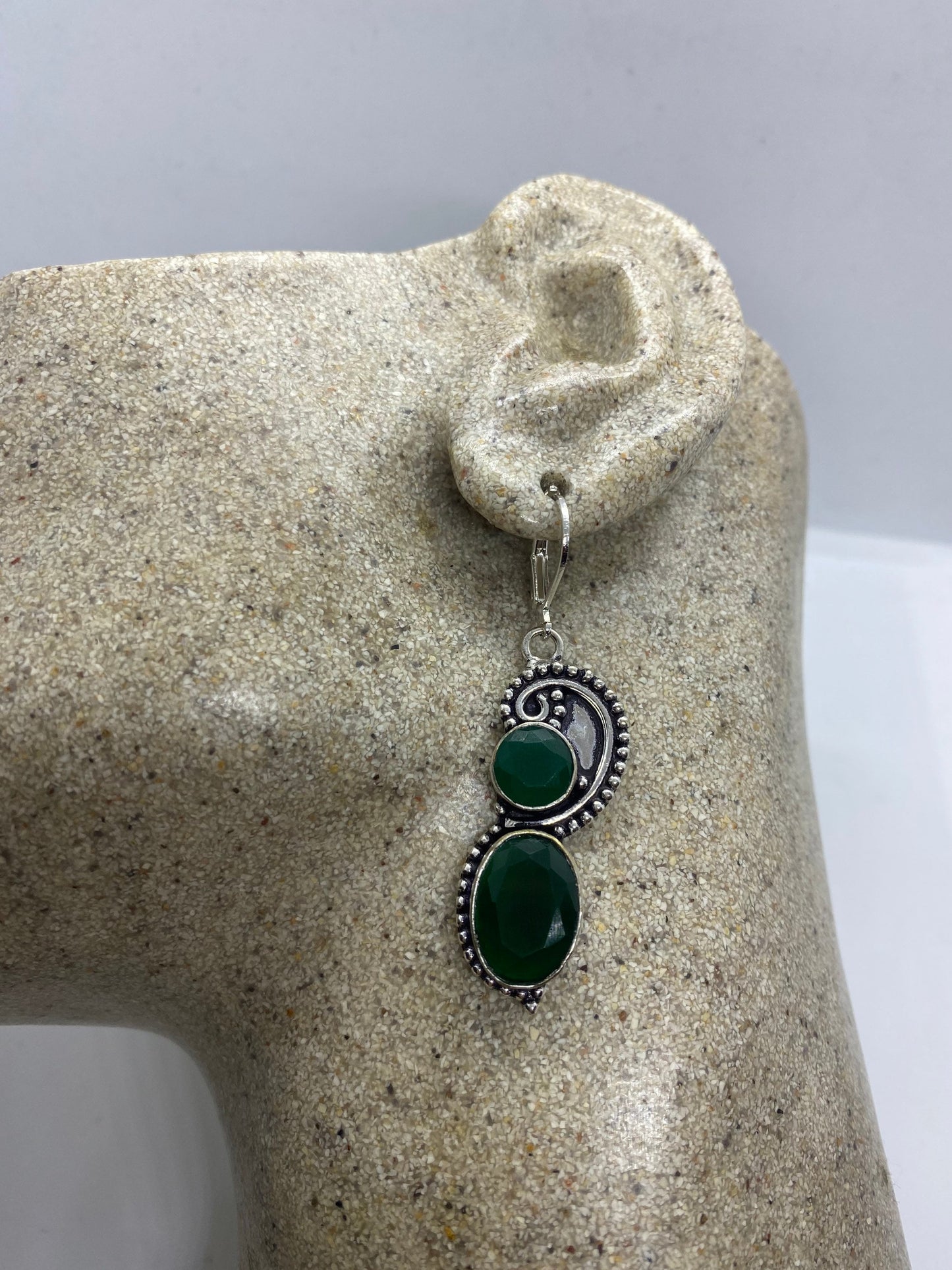 Antique Vintage Green Chrysoprase Silver Dangle Earrings