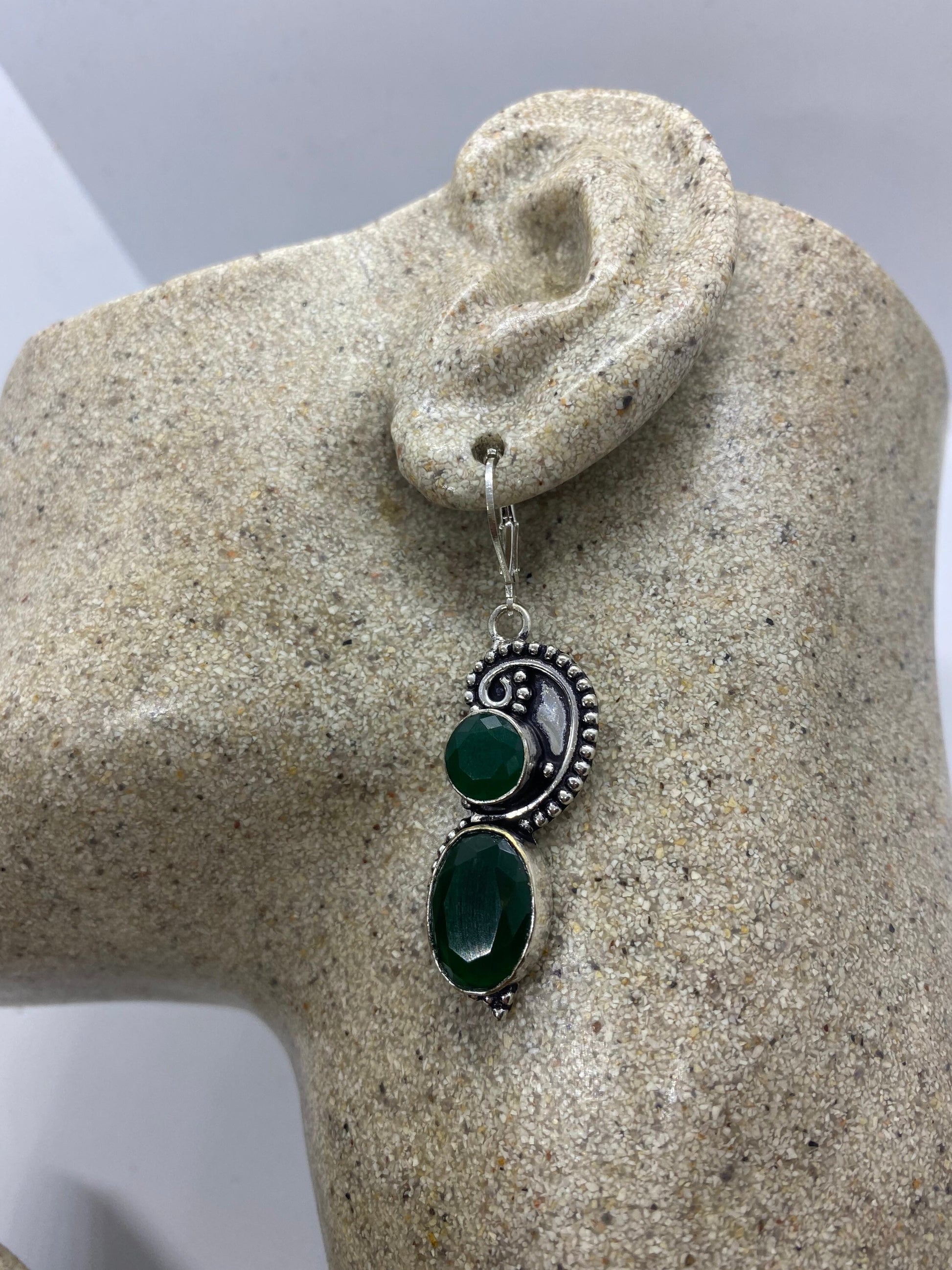 Antique Vintage Green Chrysoprase Silver Dangle Earrings