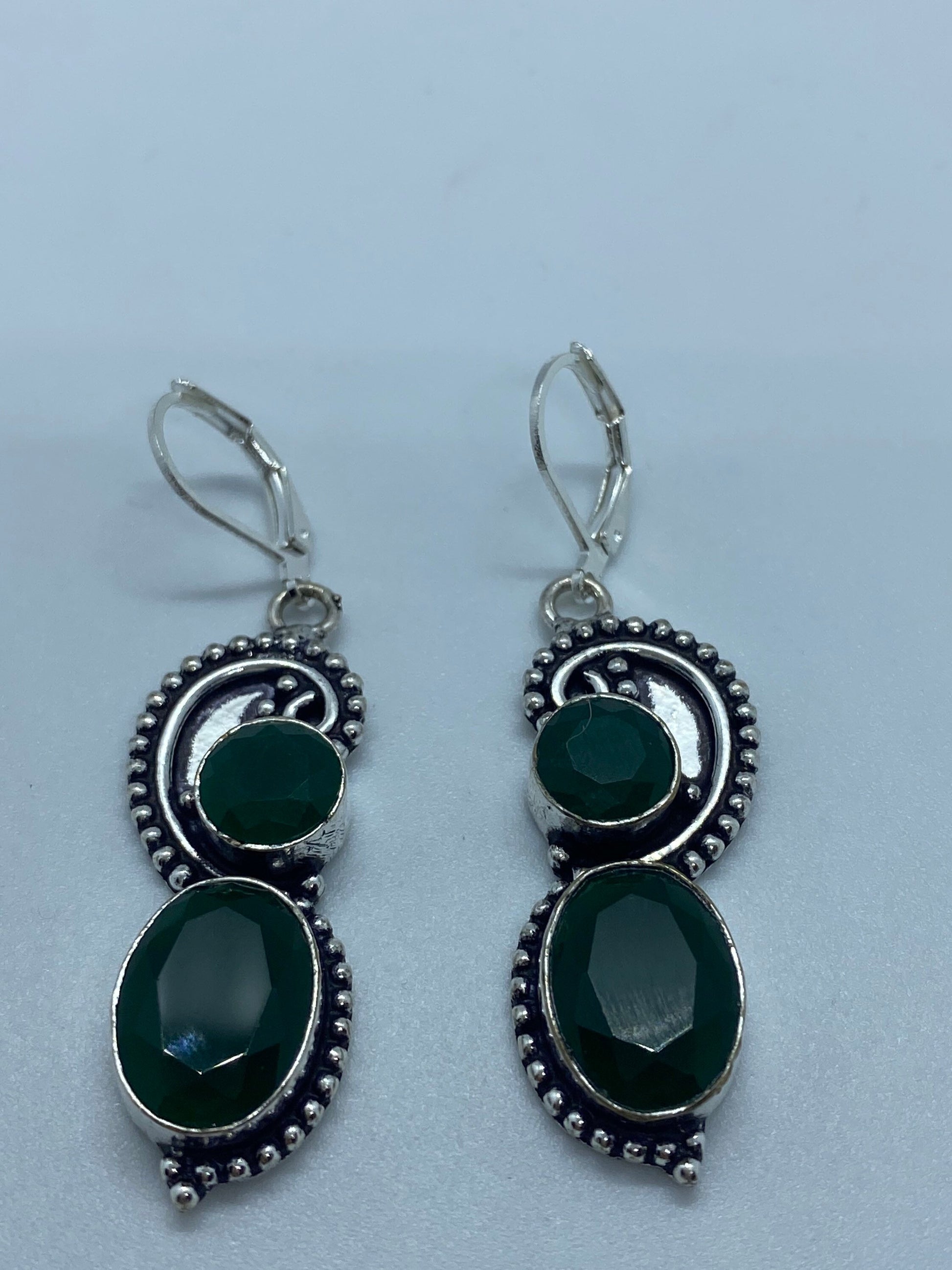 Antique Vintage Green Chrysoprase Silver Dangle Earrings