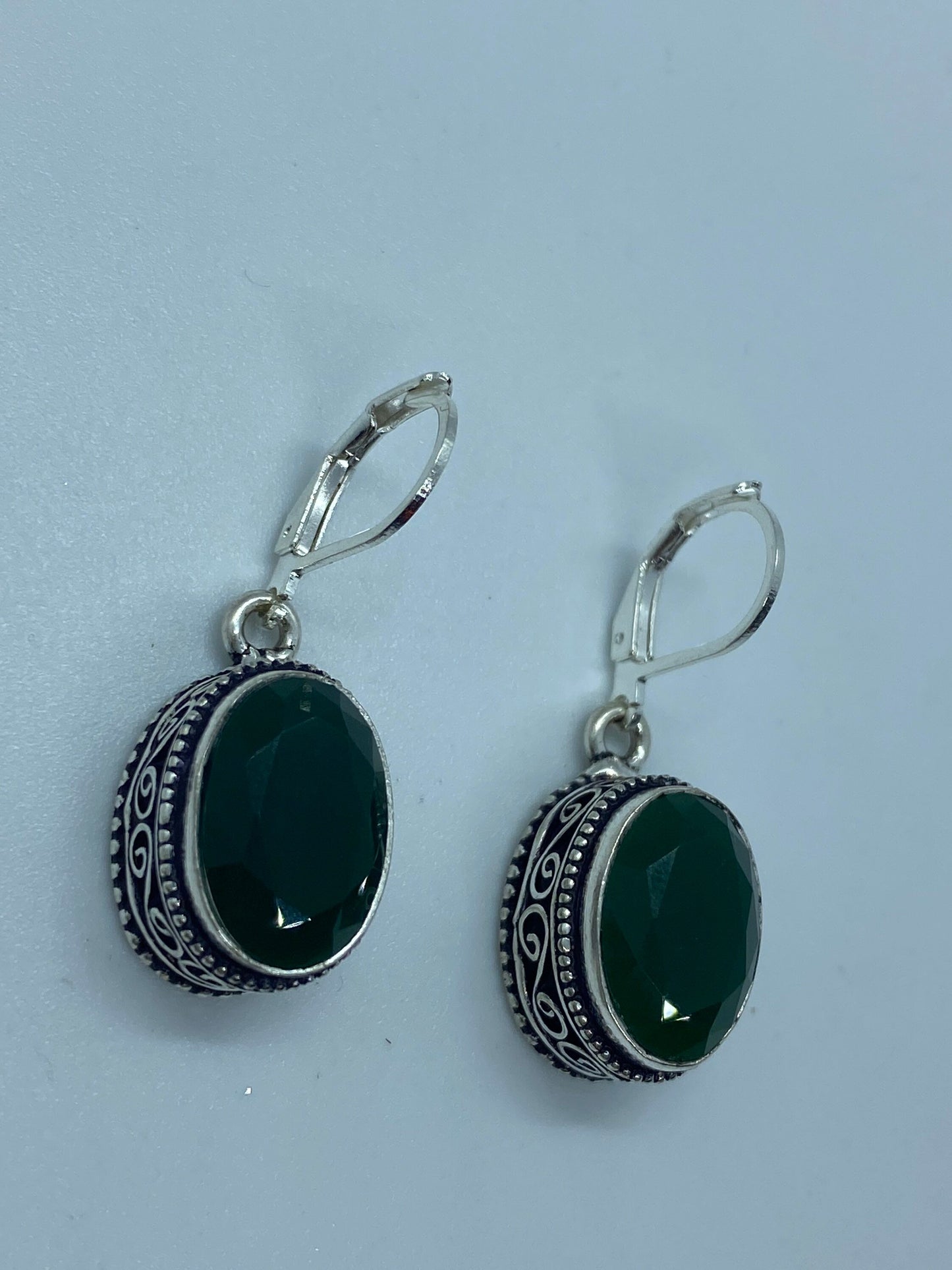 Antique Vintage Green Chrysoprase Silver Dangle Earrings