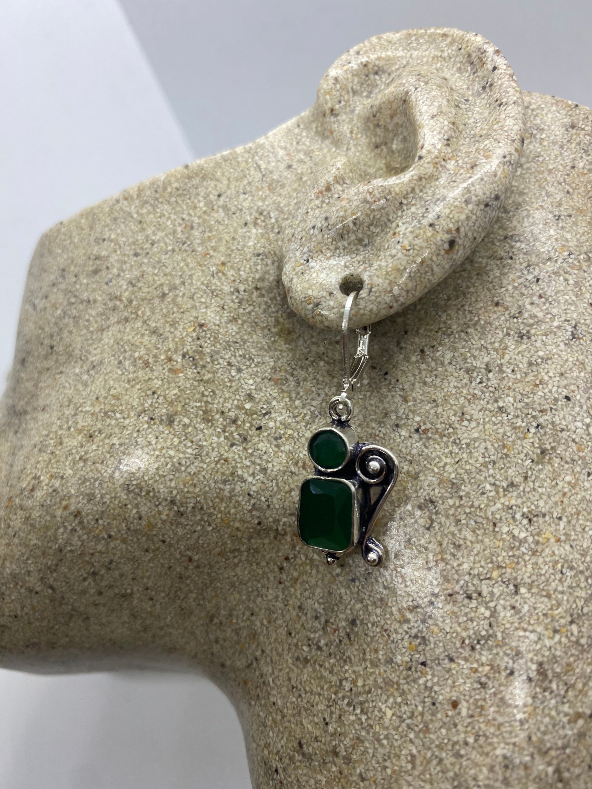 Antique Vintage Green Chrysoprase Silver Dangle Earrings