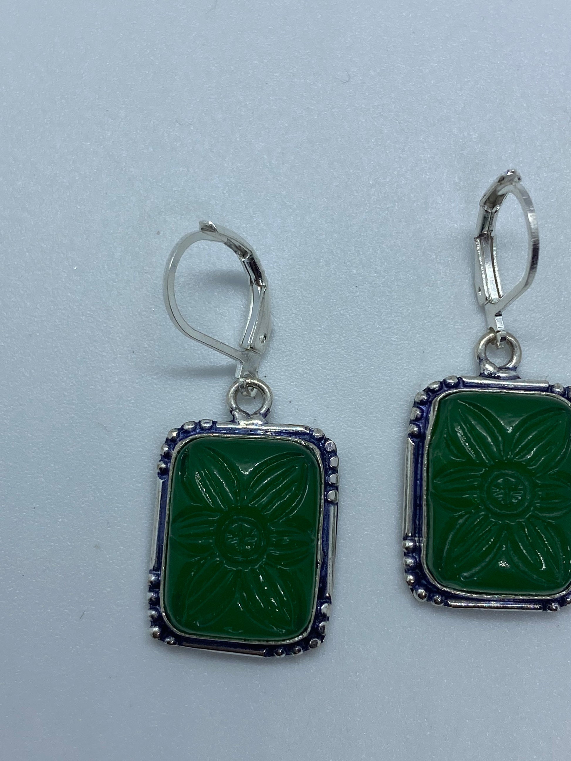 Antique Vintage Green Chrysoprase Silver Dangle Earrings