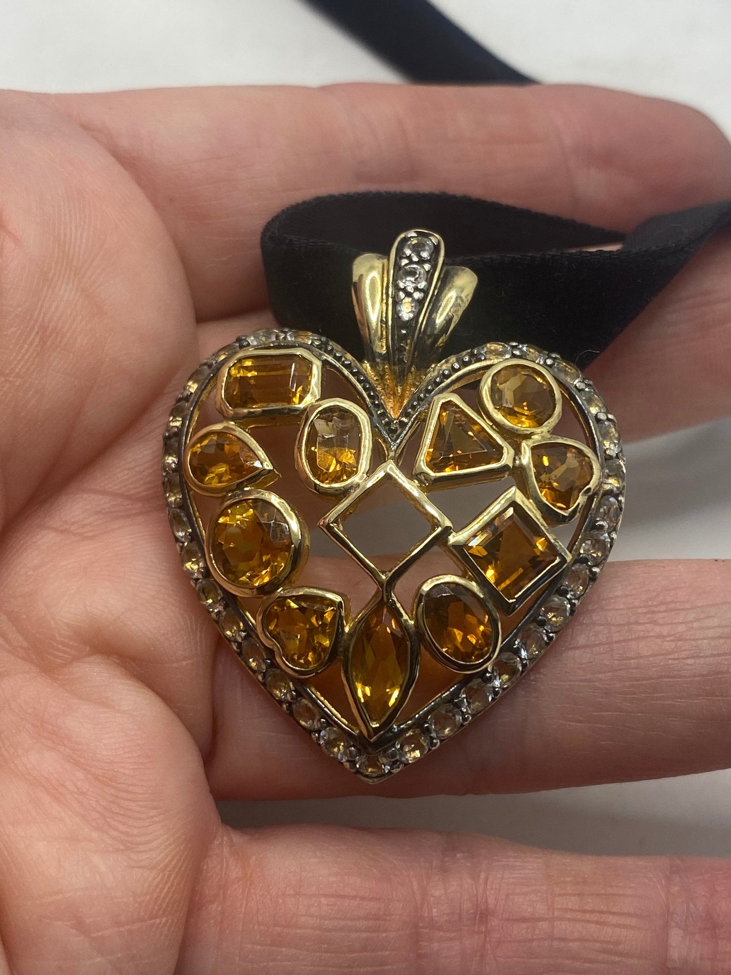 Vintage Sterling Silver Golden Lemon Citrine Heart Choker Pendant