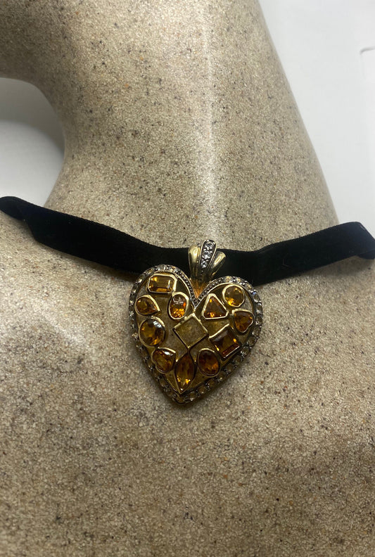 Vintage Sterling Silver Golden Lemon Citrine Heart Choker Pendant