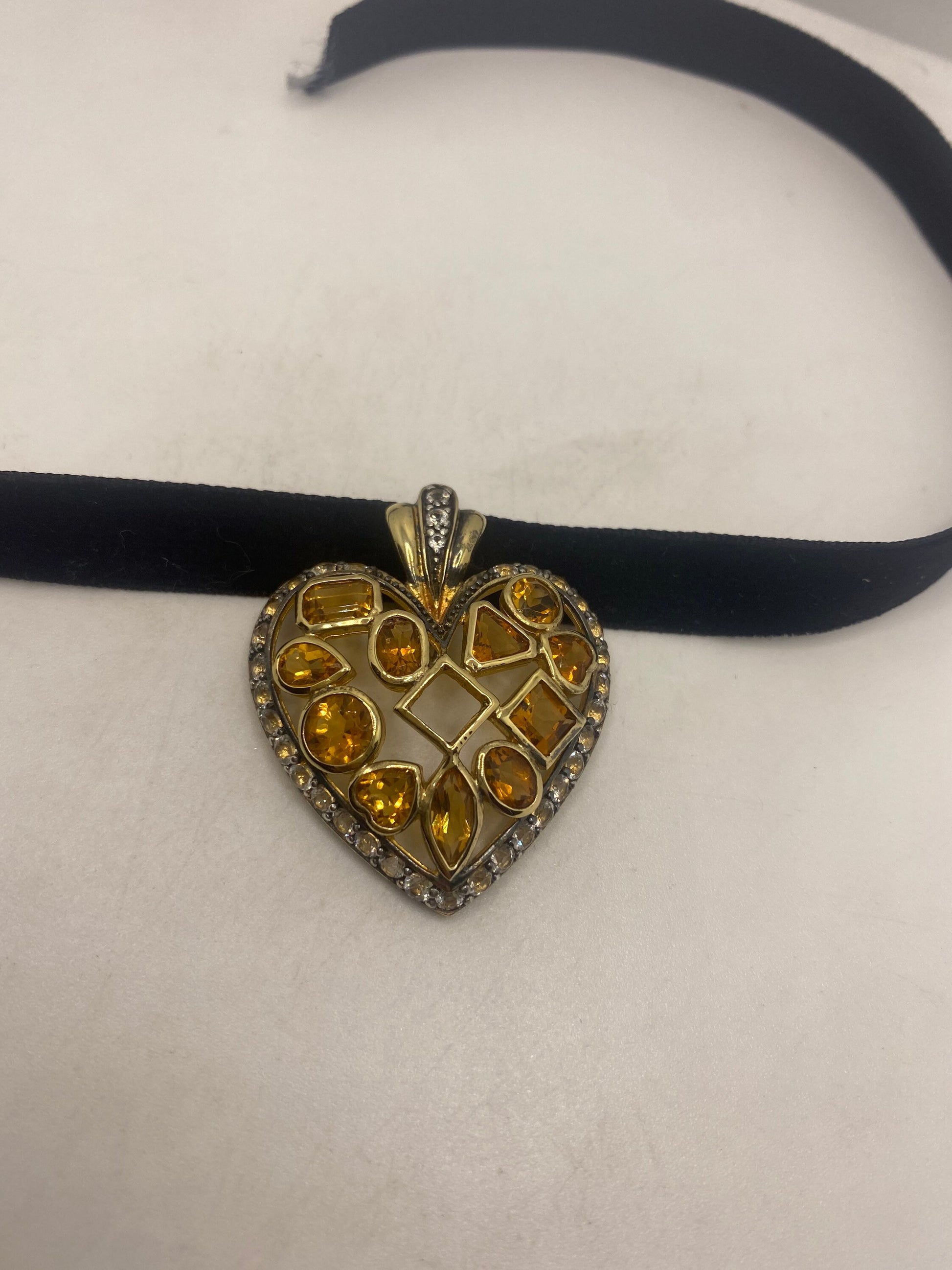 Vintage Sterling Silver Golden Lemon Citrine Heart Choker Pendant