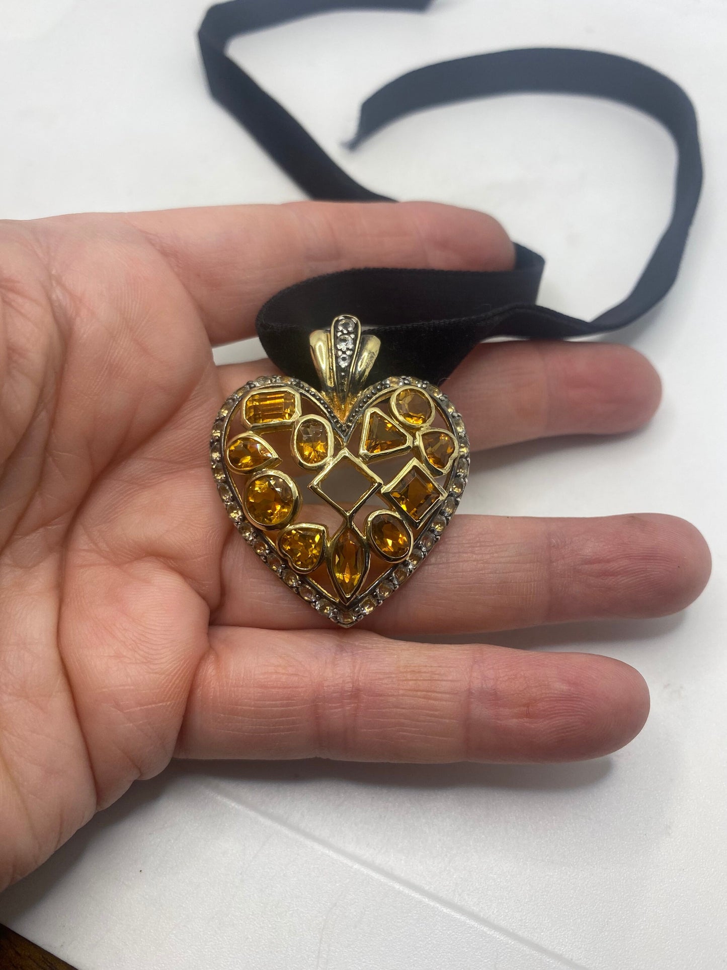 Vintage Sterling Silver Golden Lemon Citrine Heart Choker Pendant