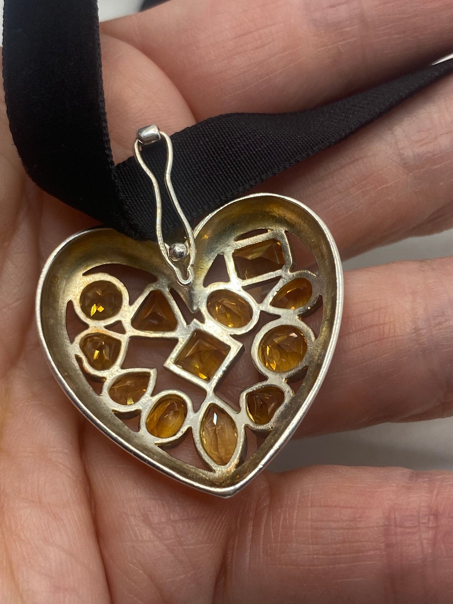 Vintage Sterling Silver Golden Lemon Citrine Heart Choker Pendant