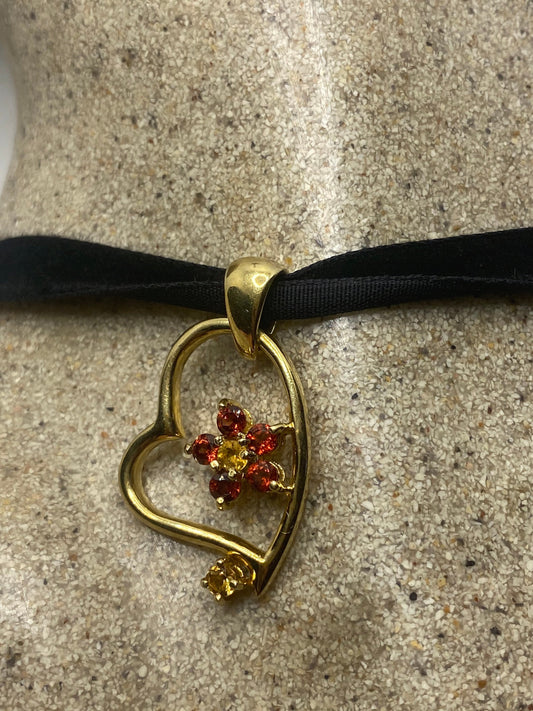 Vintage Sterling Silver Golden Lemon Citrine and Garnet Heart Choker Pendant