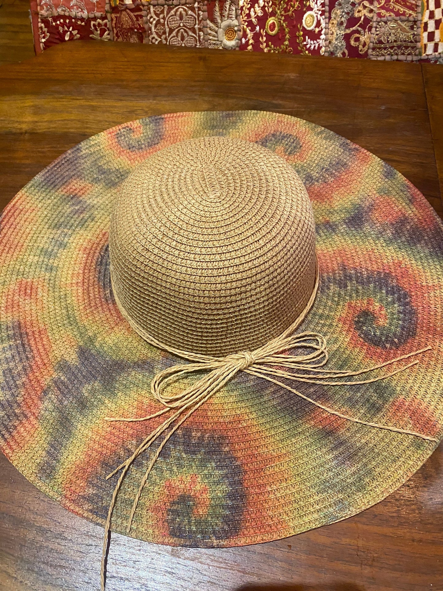 Vintage Sun Hat Tie Dye Straw 4.5 inch brim