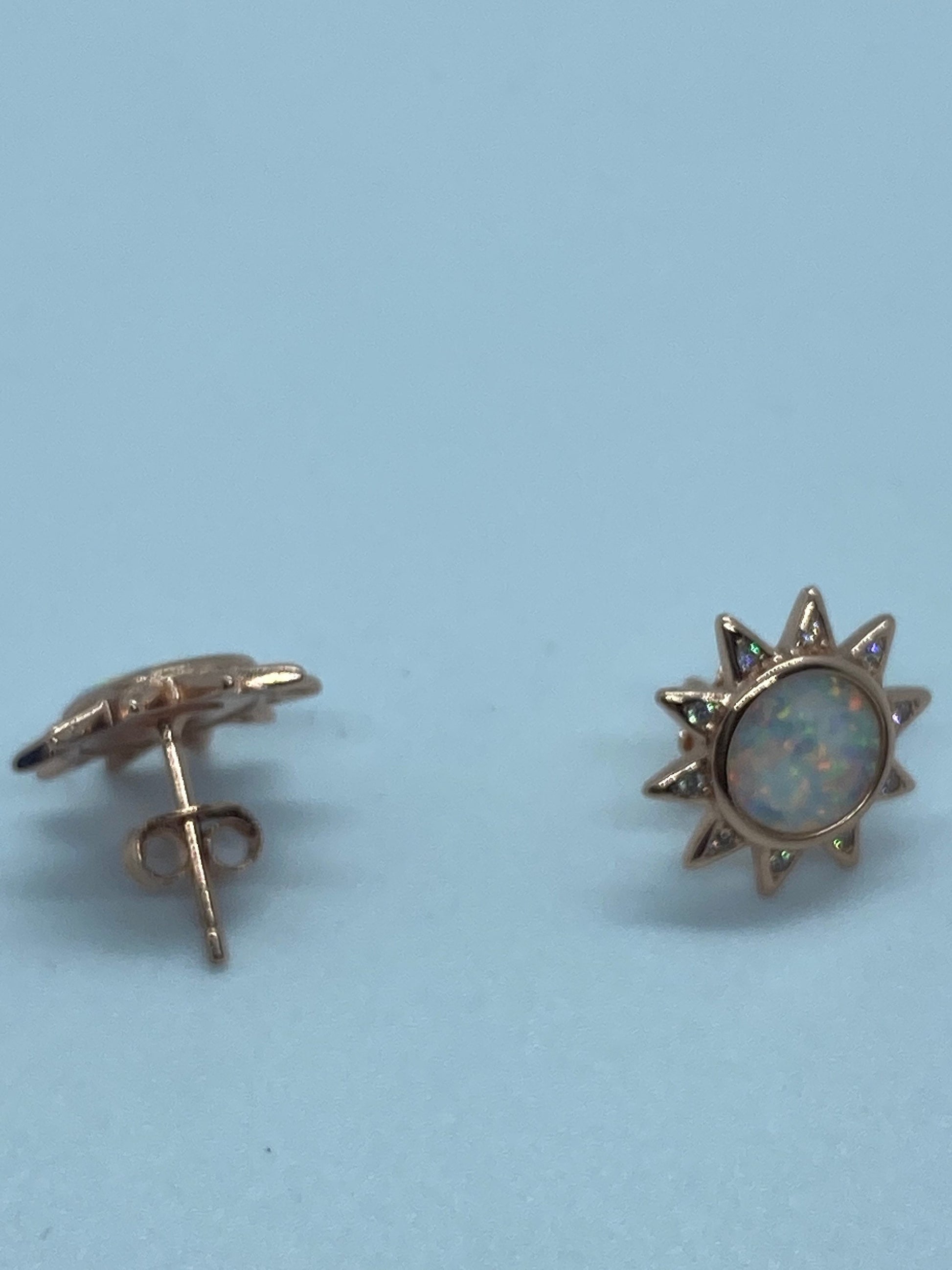 Vintage White Opal Sun Earrings Rose Golden 925 Sterling Silver Stud Button