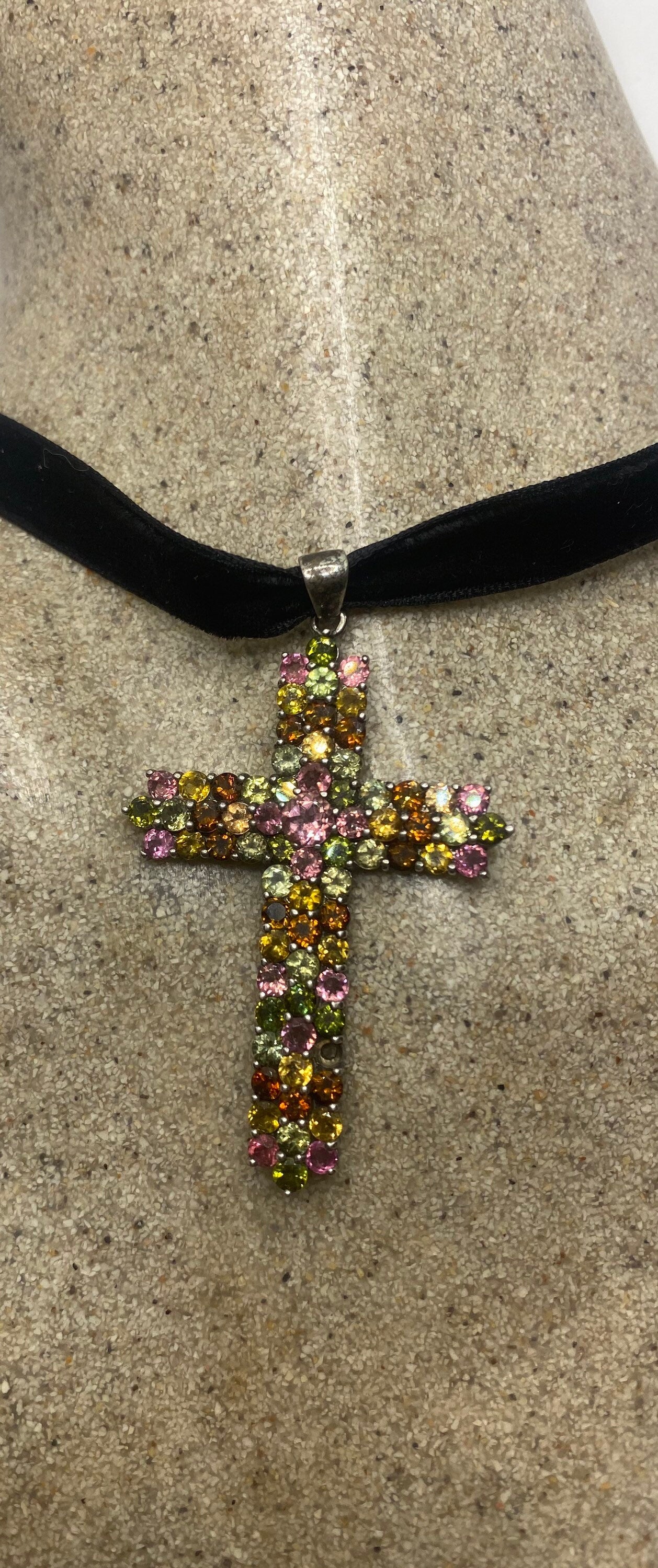 Vintage Tourmaline Cross 925 Sterling Silver Pendant Choker Necklace