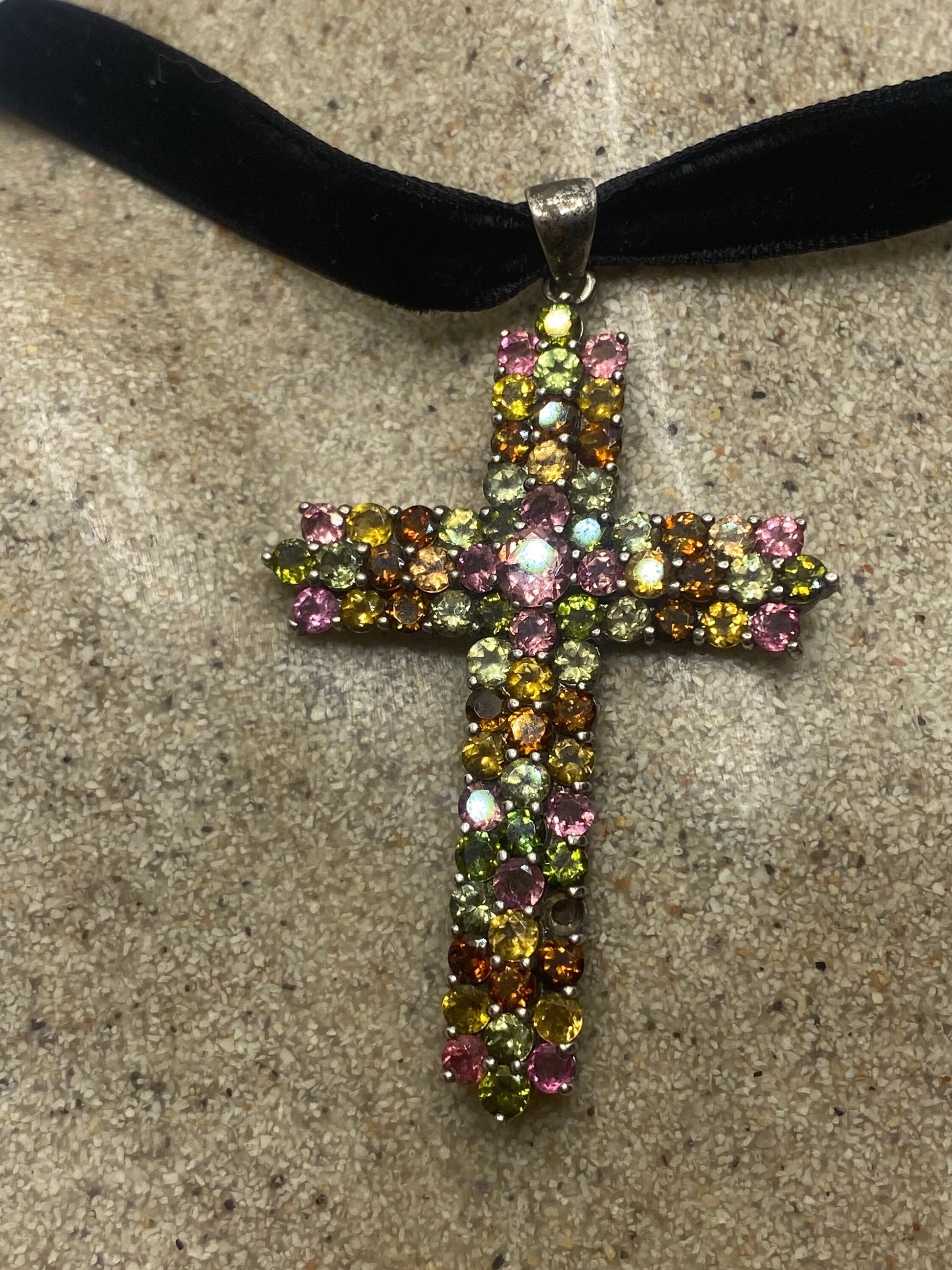 Vintage Tourmaline Cross 925 Sterling Silver Pendant Choker Necklace