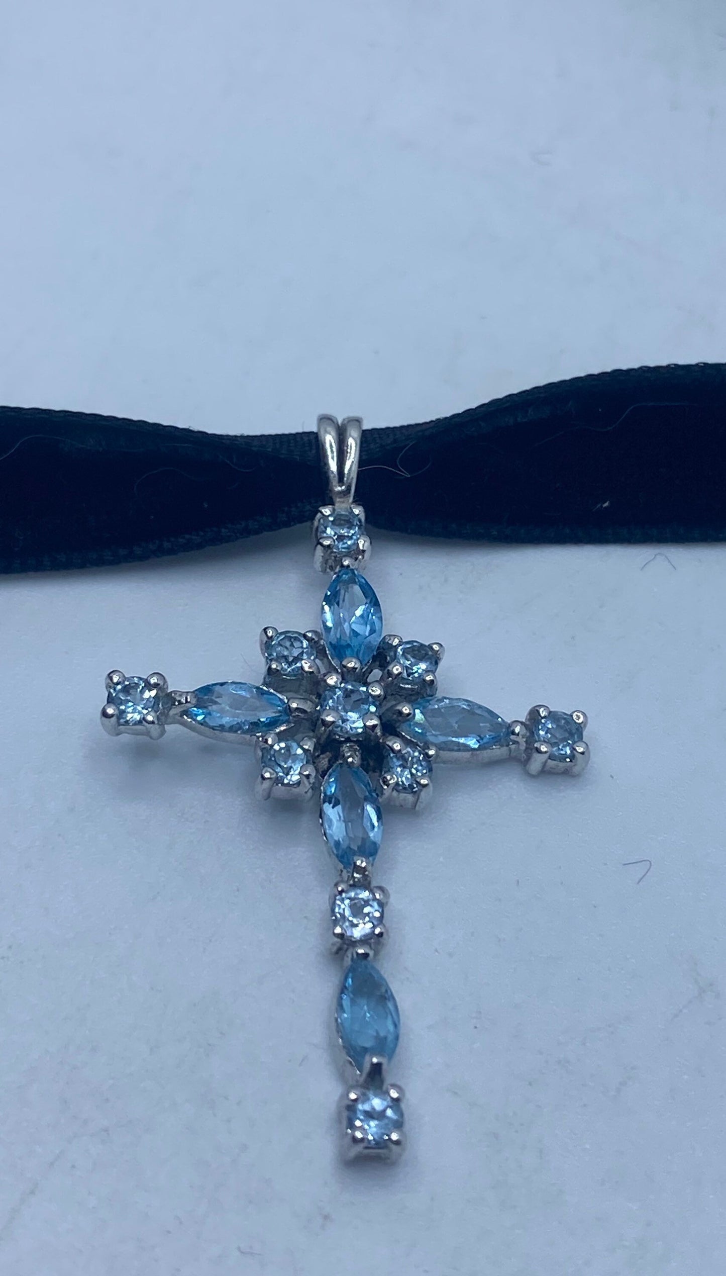 Vintage Blue Topaz Cross Choker 925 Sterling Silver Pendant Necklace