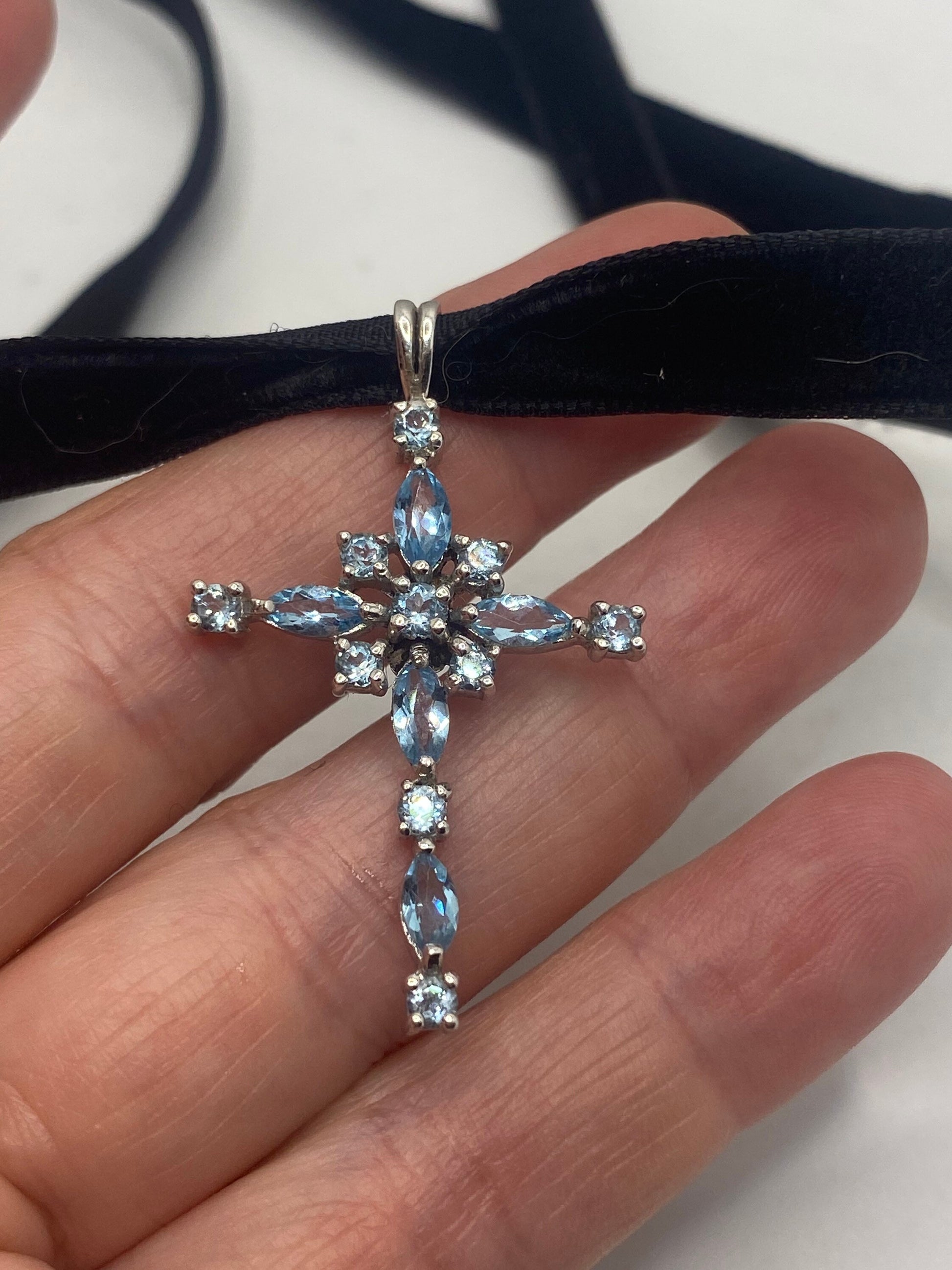 Vintage Blue Topaz Cross Choker 925 Sterling Silver Pendant Necklace