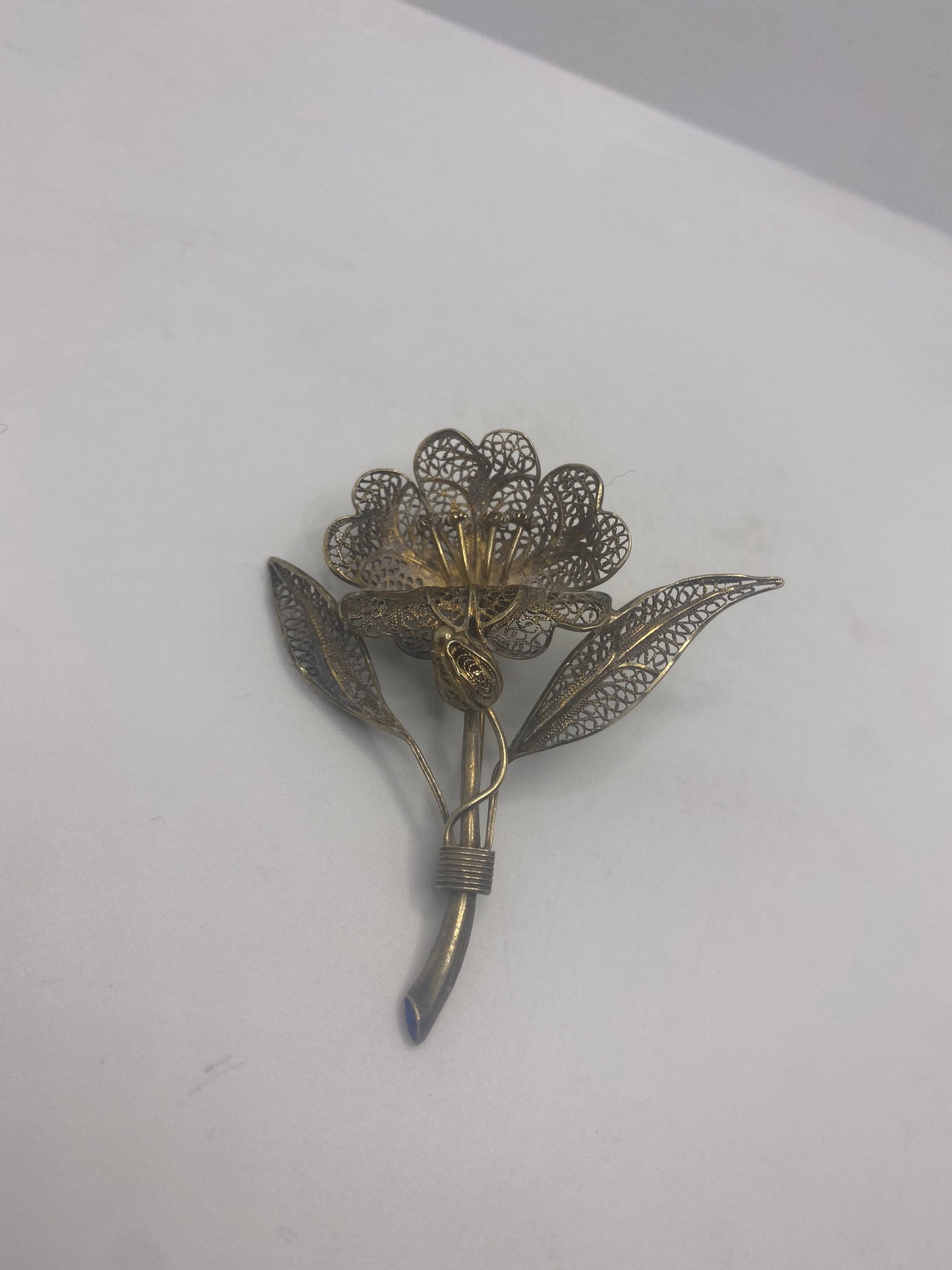 Vintage Hand Made Deco Flower 925 Sterling Silver Filigree Brooch Pin