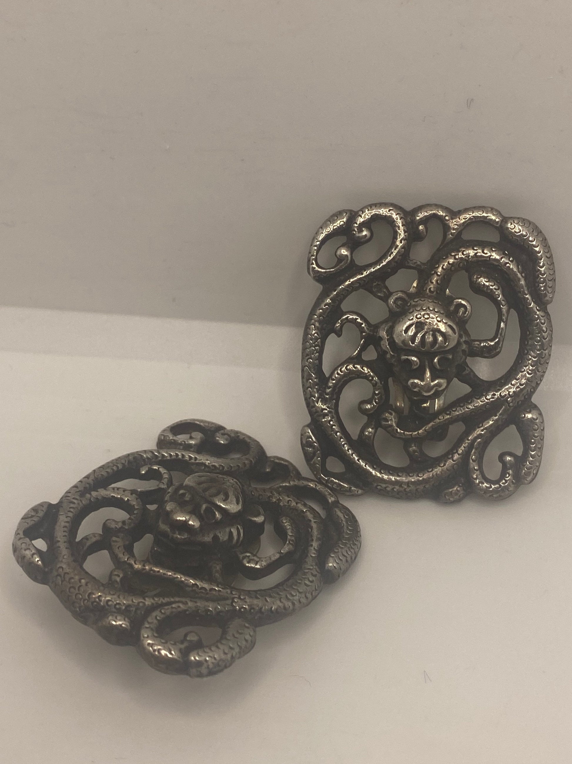 Antique Vintage Asian Dragon 925 Sterling Silver Clip On Button Earrings