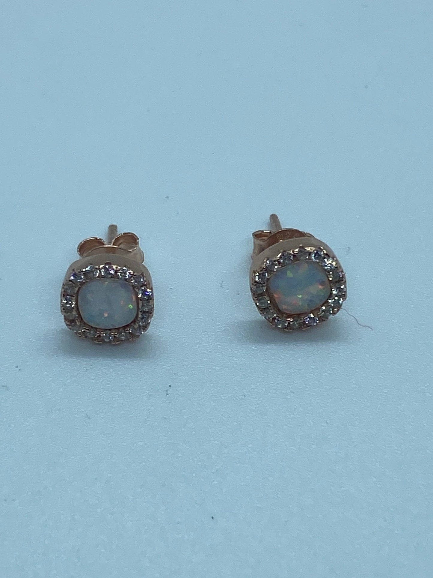 Vintage White Opal Earrings Rose Golden 925 Sterling Silver Stud Button