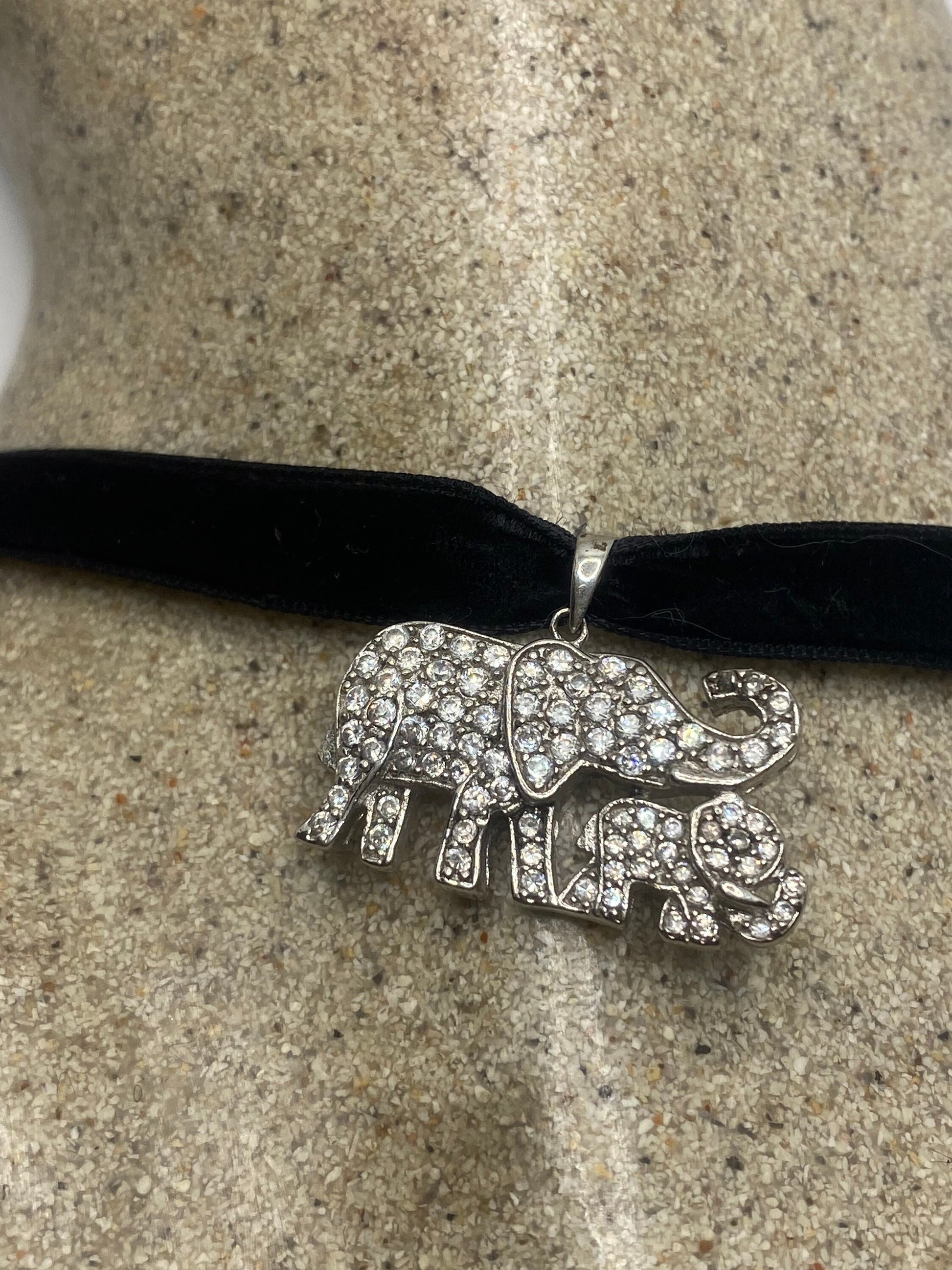 Vintage Elephant Choker 925 Sterling Silver White sapphire Pendant Necklace