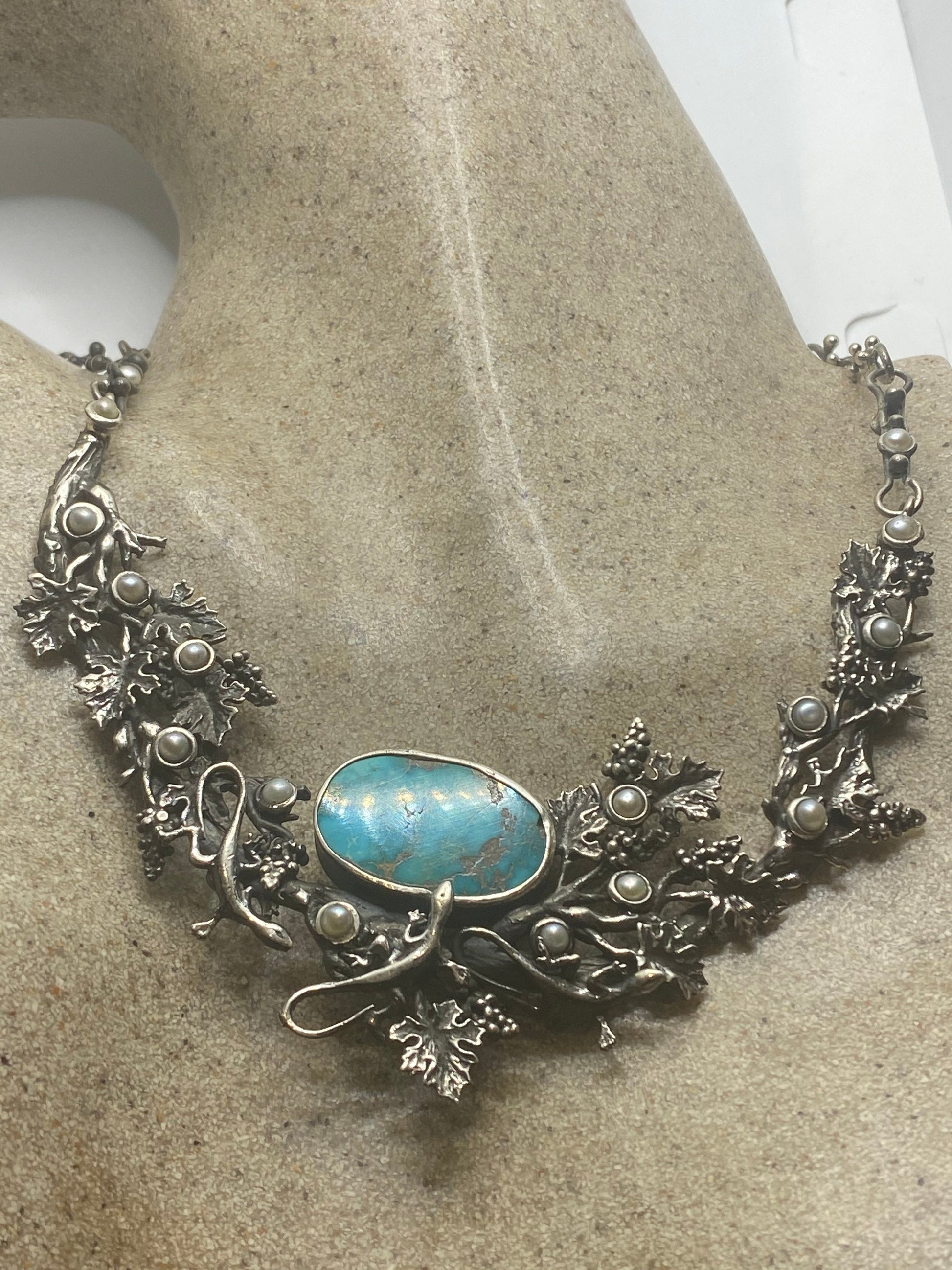 Vintage 925 Sterling Silver Blue Turquoise Pearl Vine Pendant Choker Necklace