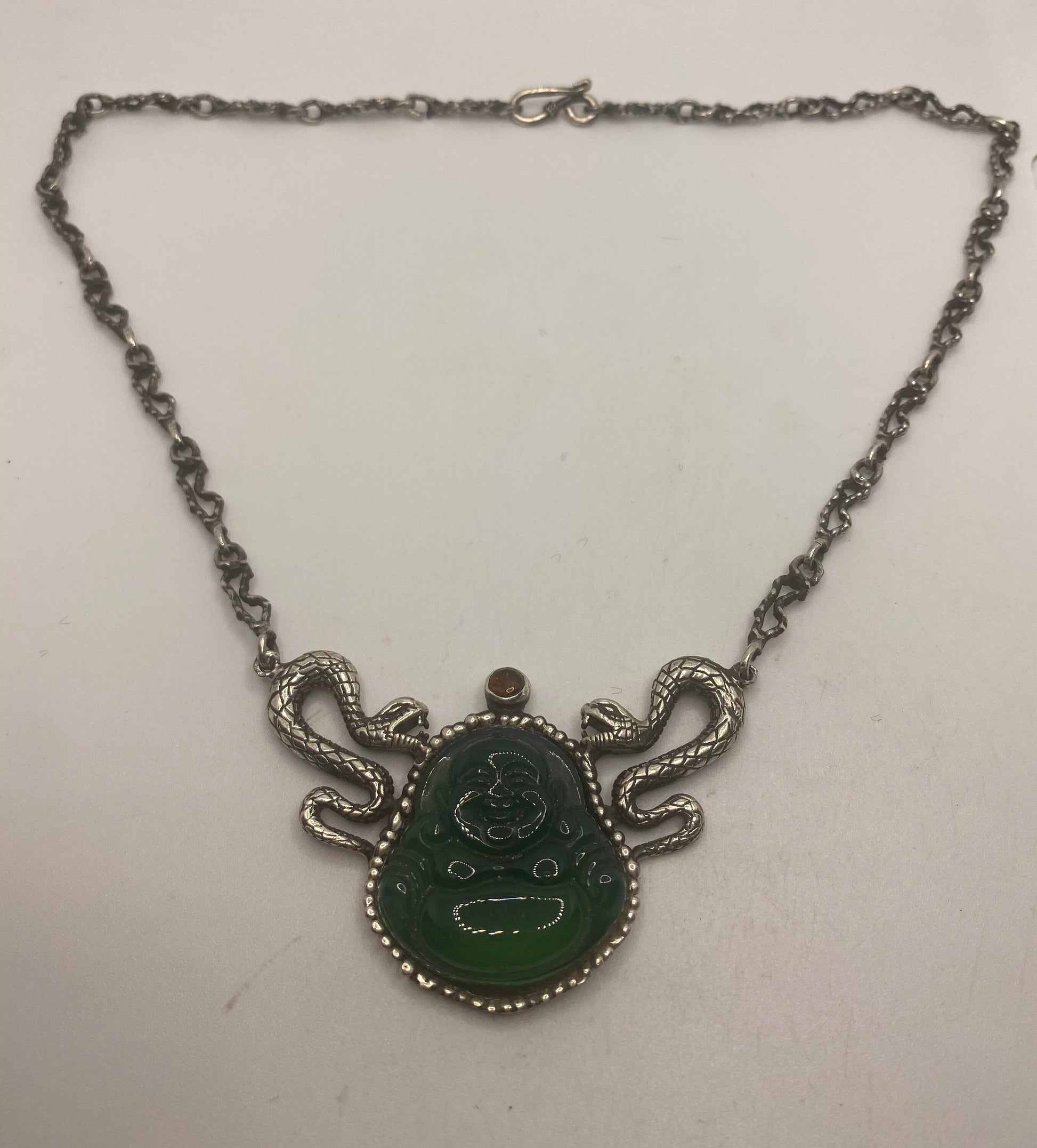 Vintage 925 Sterling Silver Green Jade Buddha Snake Pendant Choker Necklace
