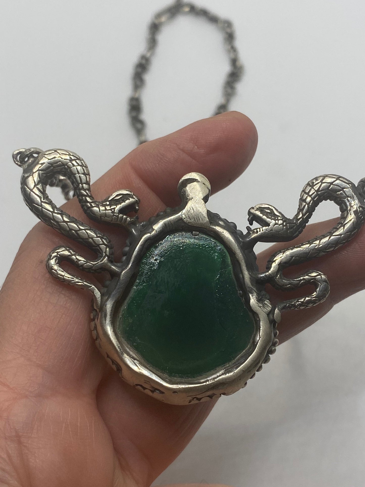 Vintage 925 Sterling Silver Green Jade Buddha Snake Pendant Choker Necklace