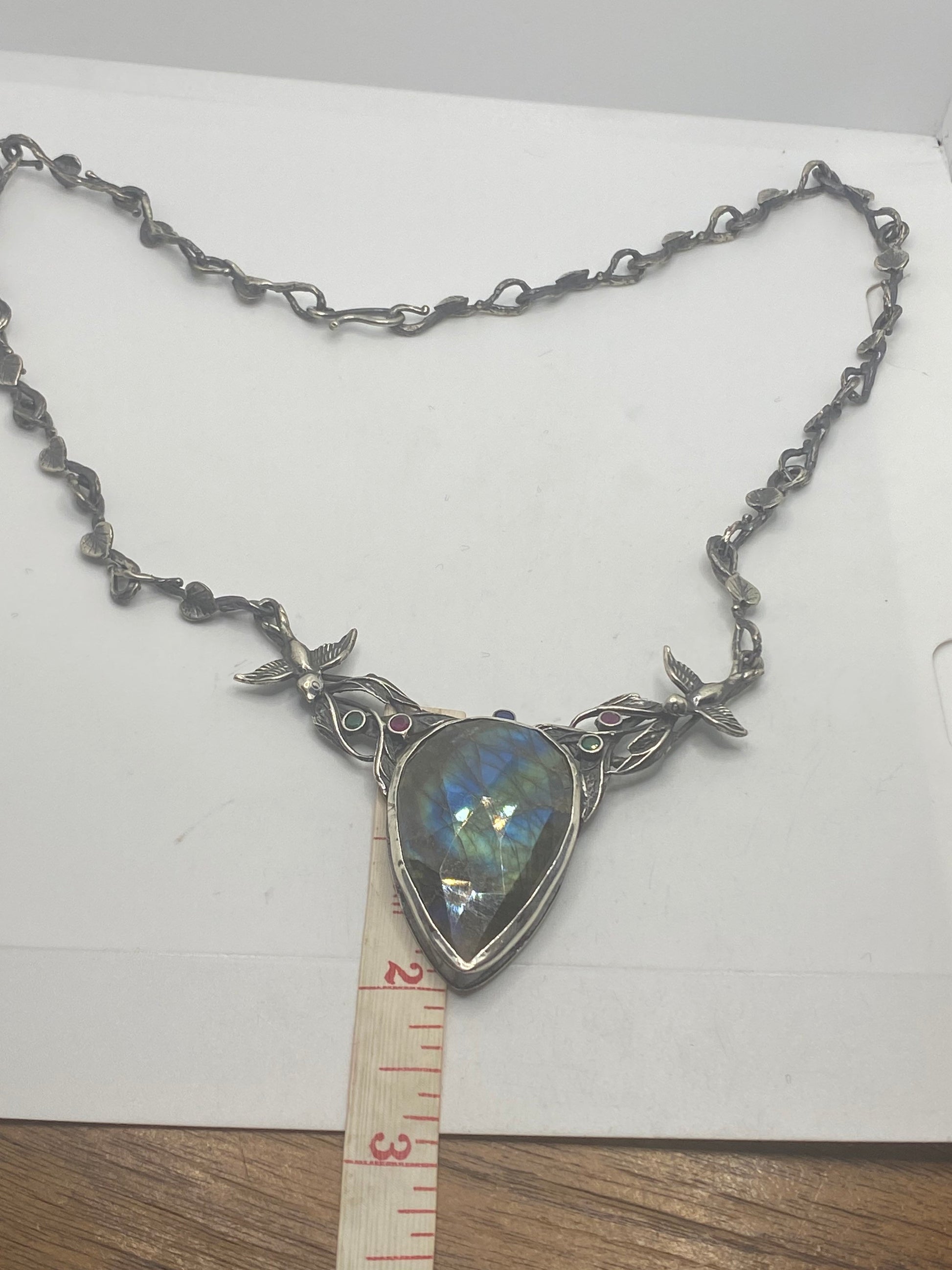 Vintage 925 Sterling Silver Blue Labradorite Bird Vine Pendant Choker Necklace