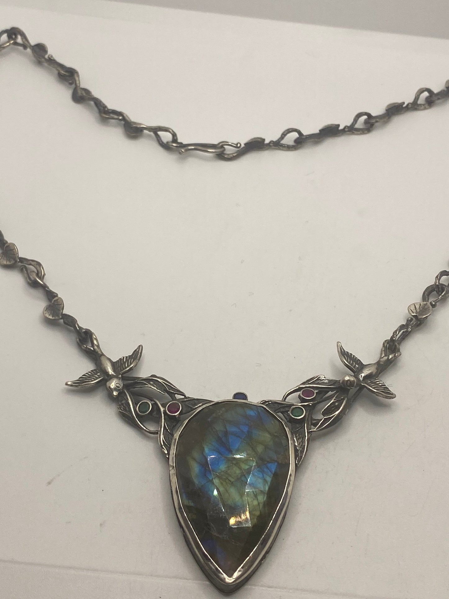 Vintage 925 Sterling Silver Blue Labradorite Bird Vine Pendant Choker Necklace