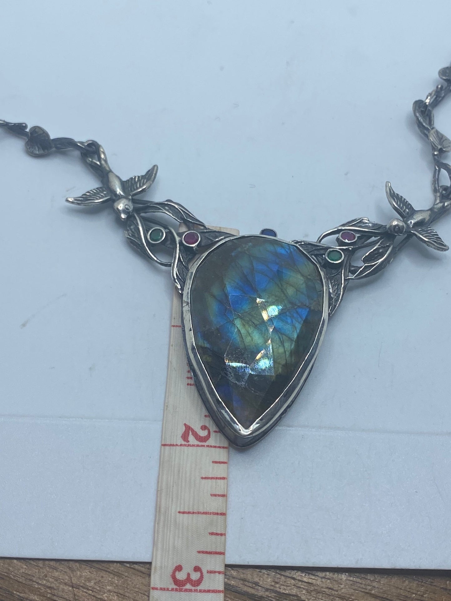 Vintage 925 Sterling Silver Blue Labradorite Bird Vine Pendant Choker Necklace