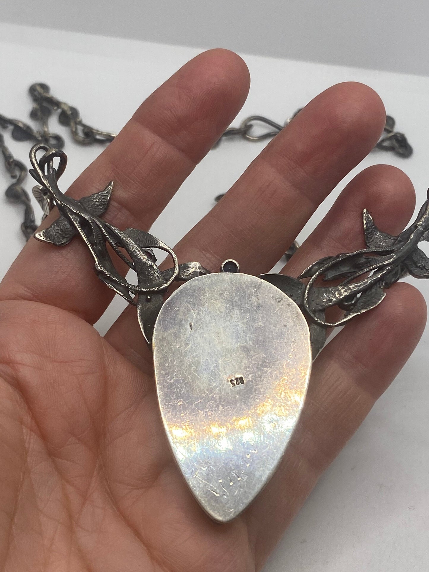 Vintage 925 Sterling Silver Blue Labradorite Bird Vine Pendant Choker Necklace