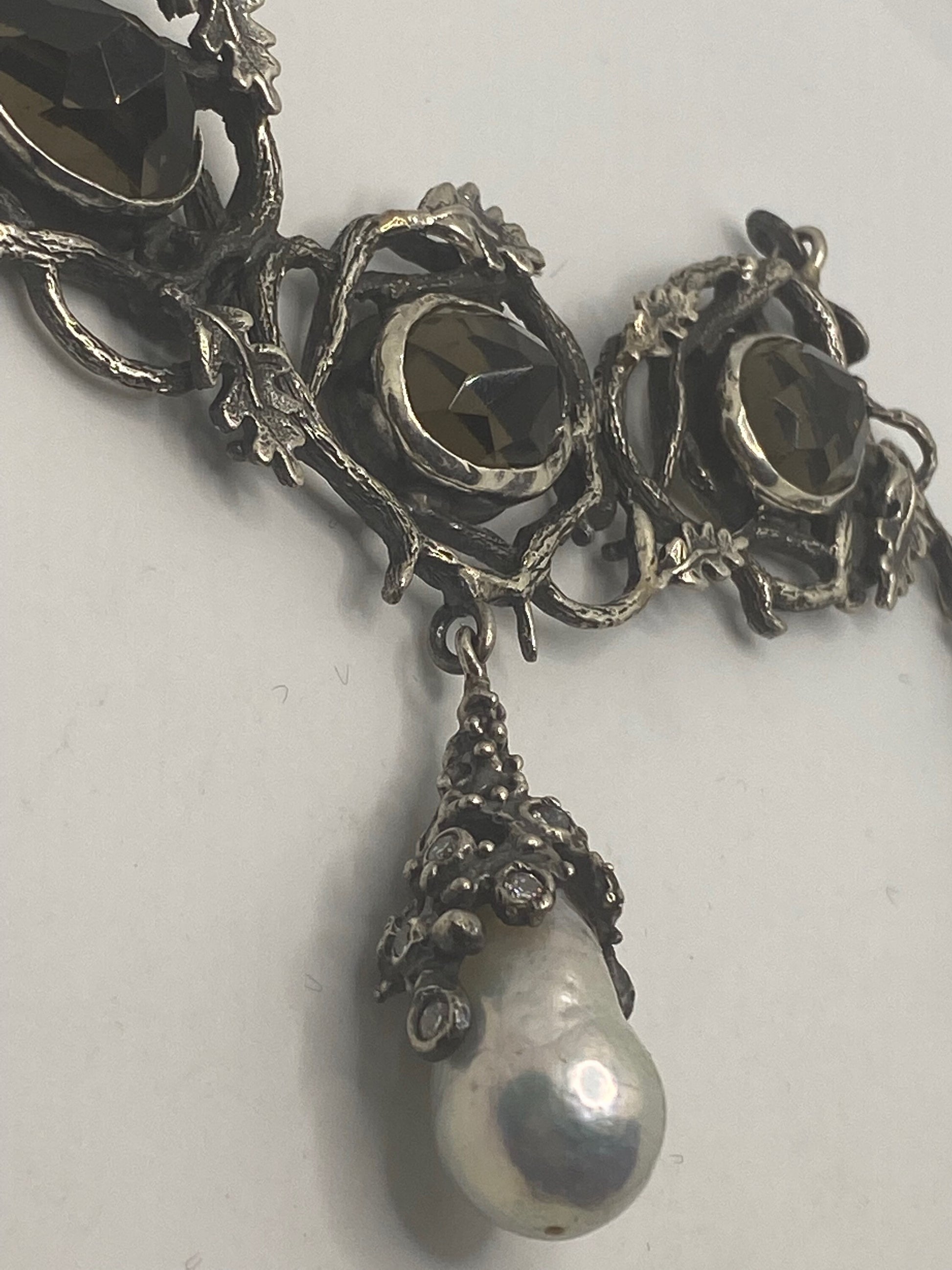 Vintage 925 Sterling Silver Brown Smoky Topaz Pearl Vine Pendant Choker Necklace