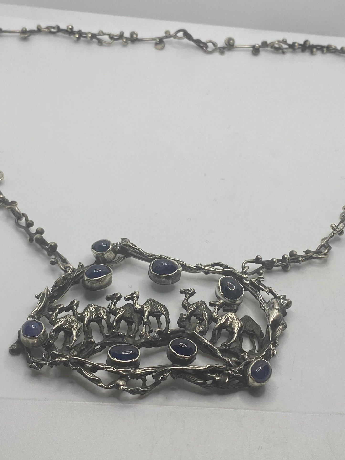 Vintage 925 Sterling Silver Blue Sapphire Camel Vine Pendant Choker Necklace