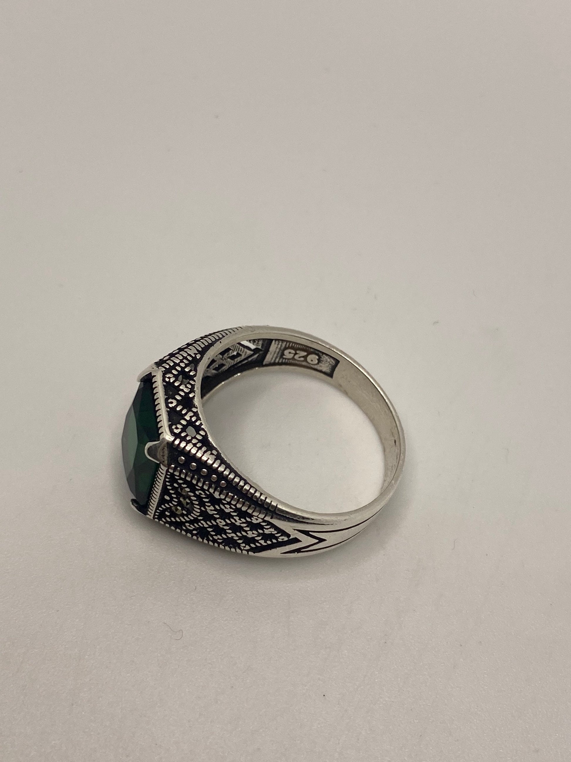 Vintage Sterling Silver Emerald Glass Mens Ring