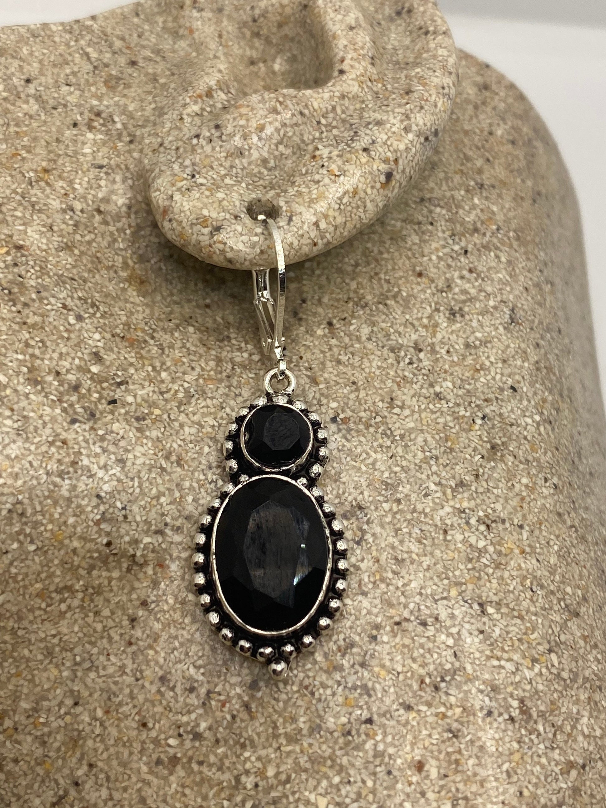 Vintage Black Earring Onyx 925 Sterling Silver Deco Dangle Chandelier