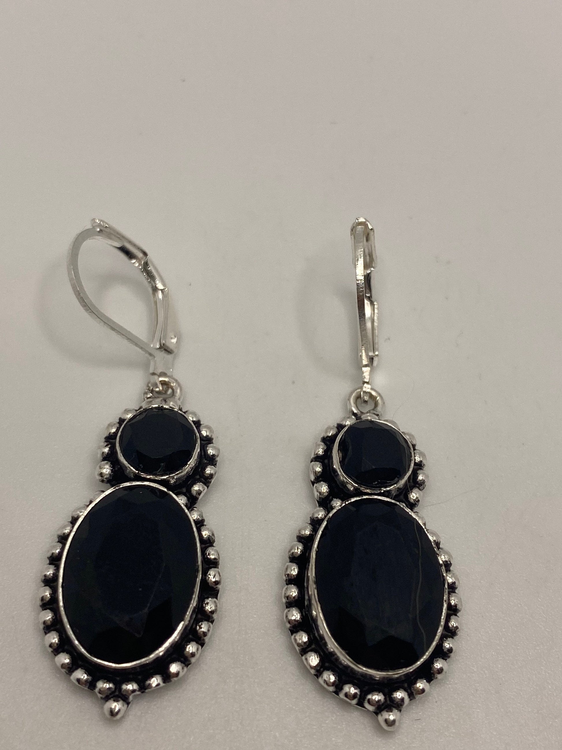 Vintage Black Earring Onyx 925 Sterling Silver Deco Dangle Chandelier