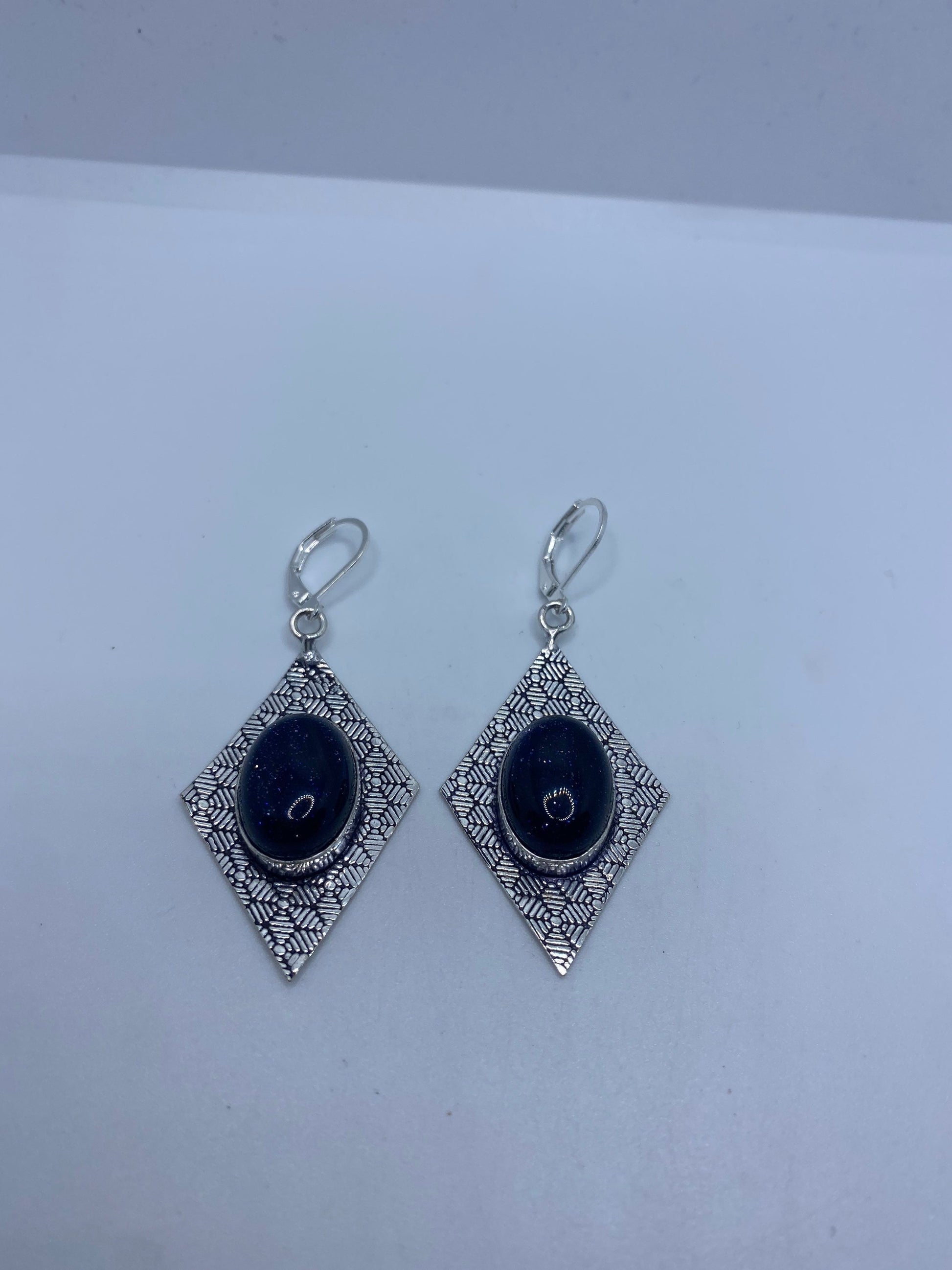 Vintage Black sandstone Silver Dangle Earrings