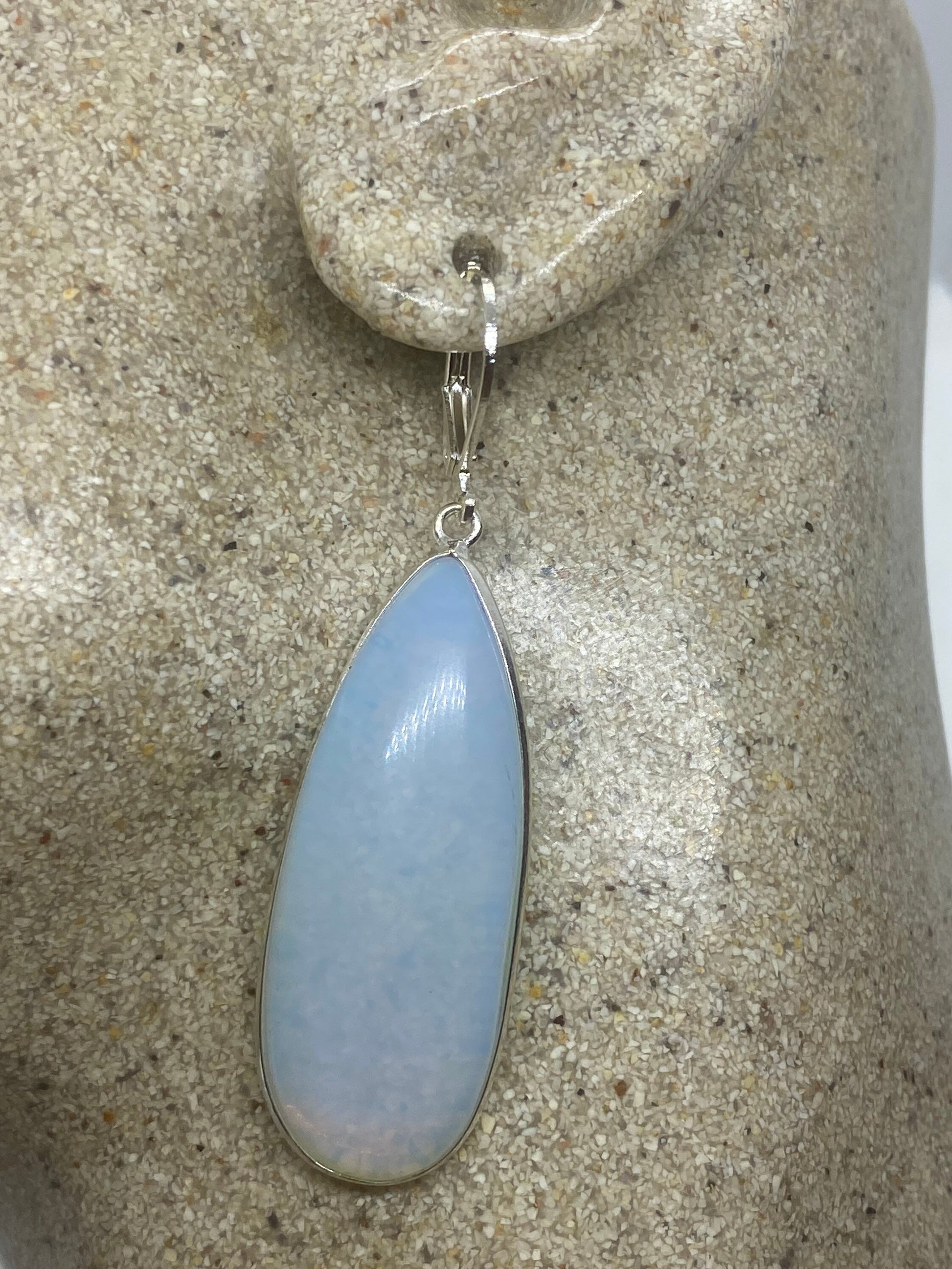 Antique Vintage Blue White Opal Glass Silver Dangle Earrings